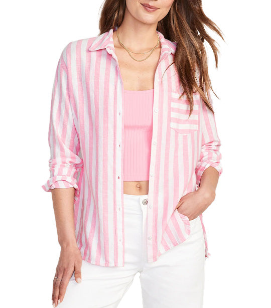 Striped Linen-Blend Boyfriend Shirt For Women Pink Stripe