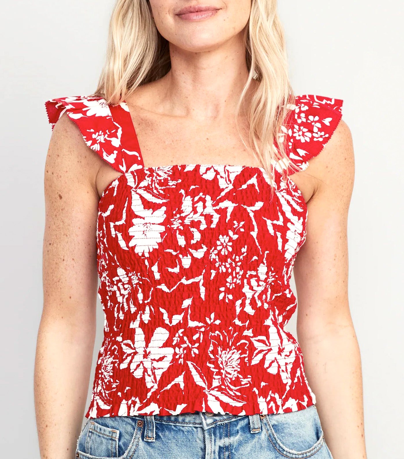 Fitted Ruffle-Trim Smocked Floral Top for Women Red Floral