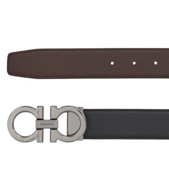 Reversible And Adjustable Gancini Belt Textured Calfskin Black/Dark Brown