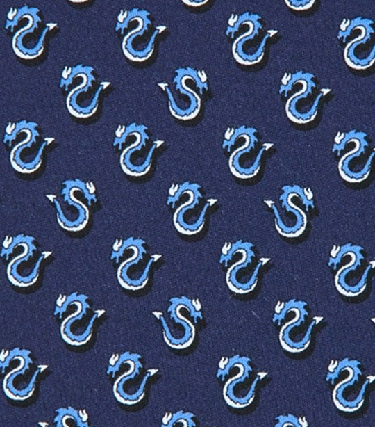 Dragon Print Silk Tie Navy Blue