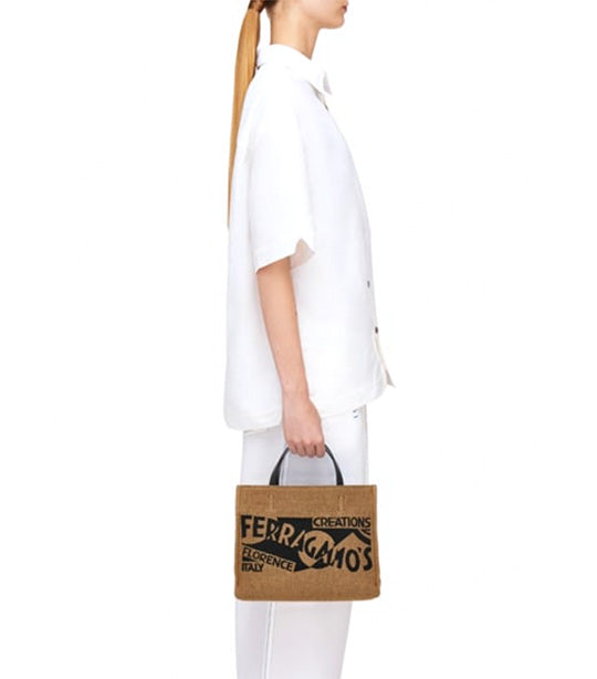 Tote Bag With Logo (S) Raffia and Calf Honey/Black