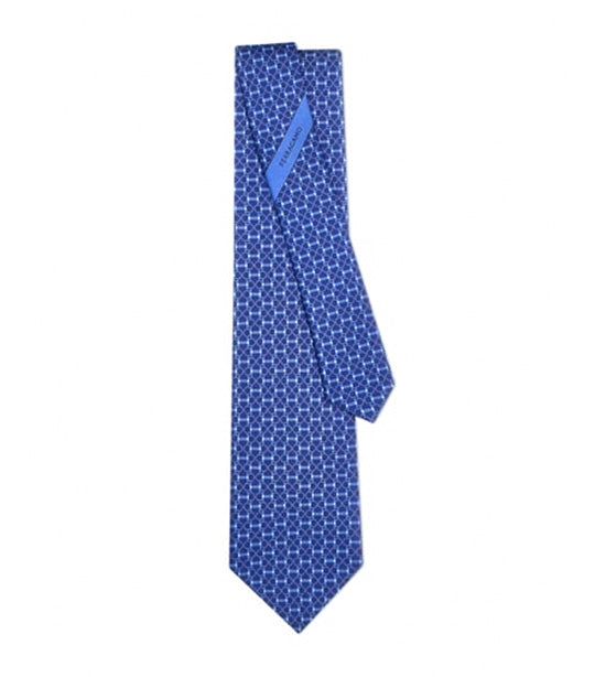 Gancini Horsebit Print Silk Tie Dark Blue