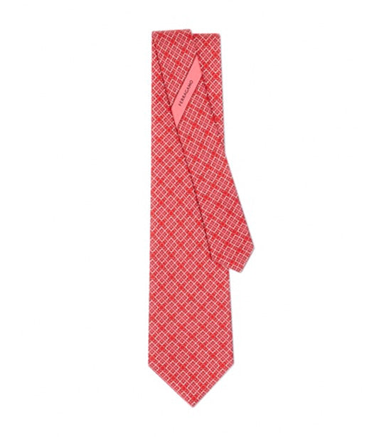 Check Gancini Print Silk Tie Red/Pink