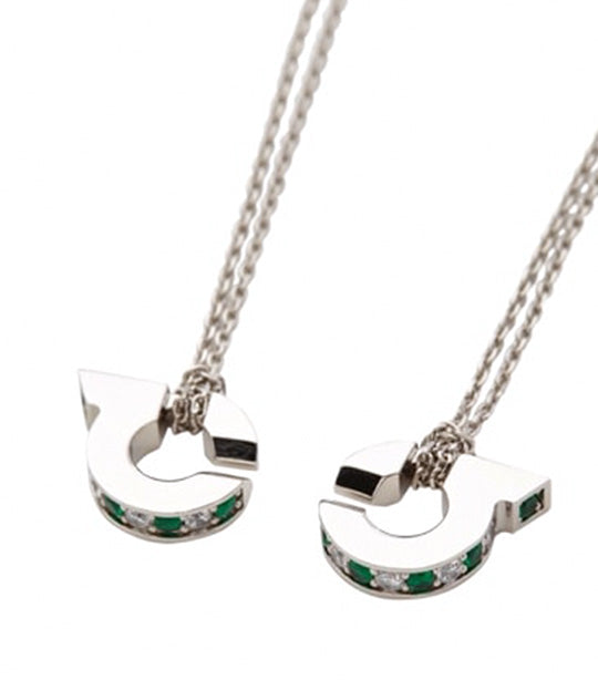 Double Gancini Pendant Necklace with Crystals Green