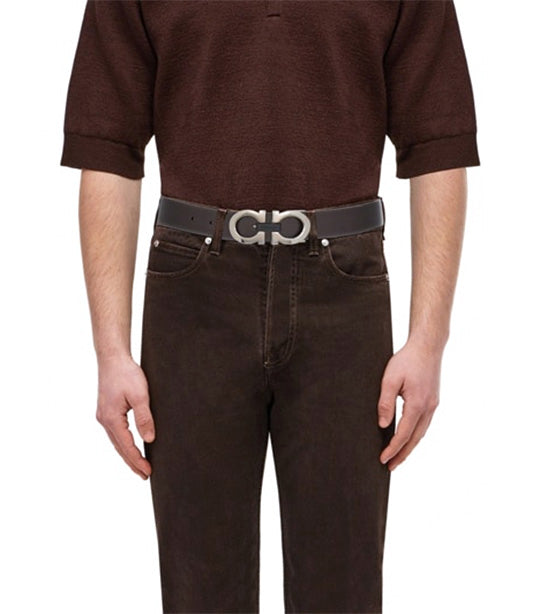 Reversible and Adjustable Gancini Belt Calfskin Dark Brown/Black