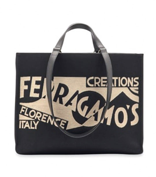 Tote Bag With Logo (M) Fabric and Calfskin Black