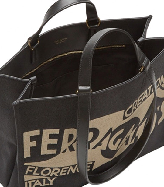 Tote Bag With Logo (M) Fabric and Calfskin Black