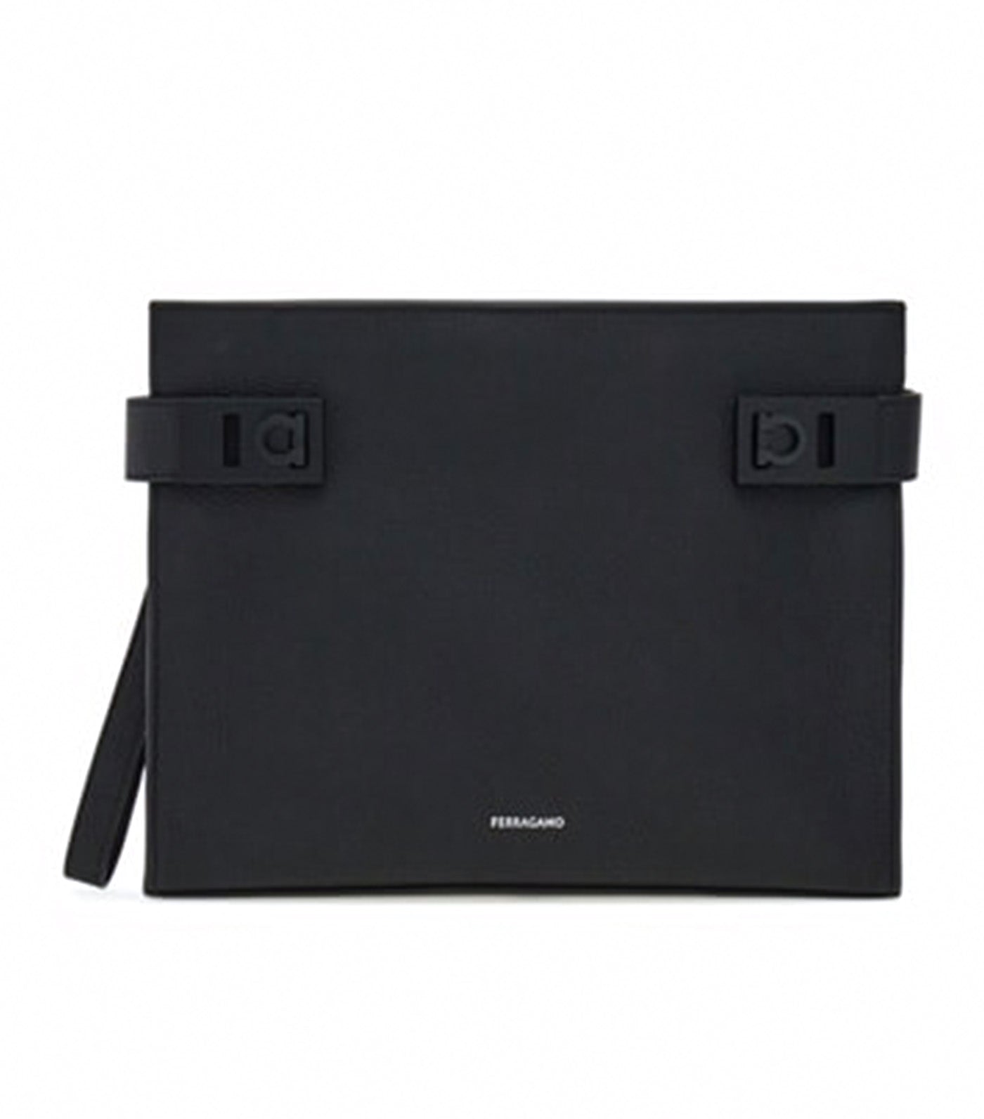 Pouch with Gancini Buckles Hammered Calfskin Black