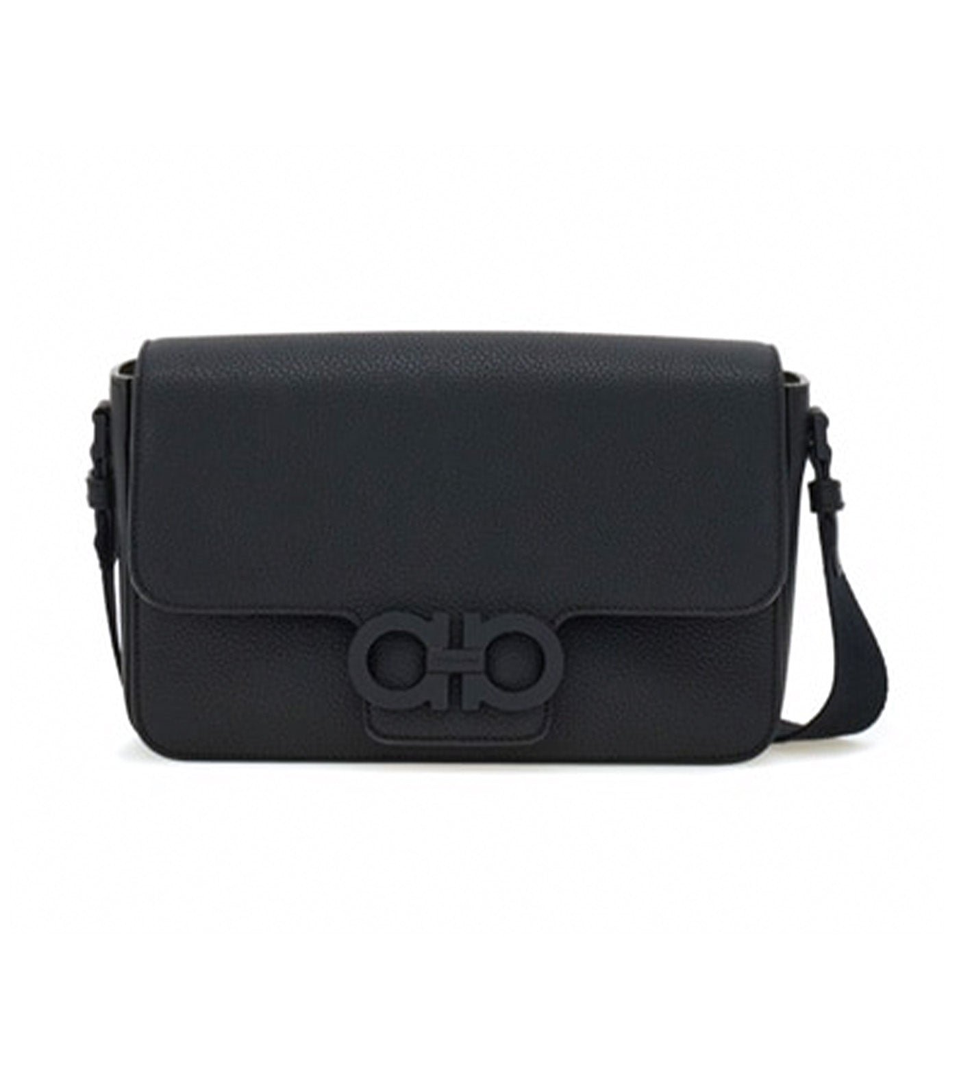 Double Gancini Messenger Bag Hammered Calfskin Black