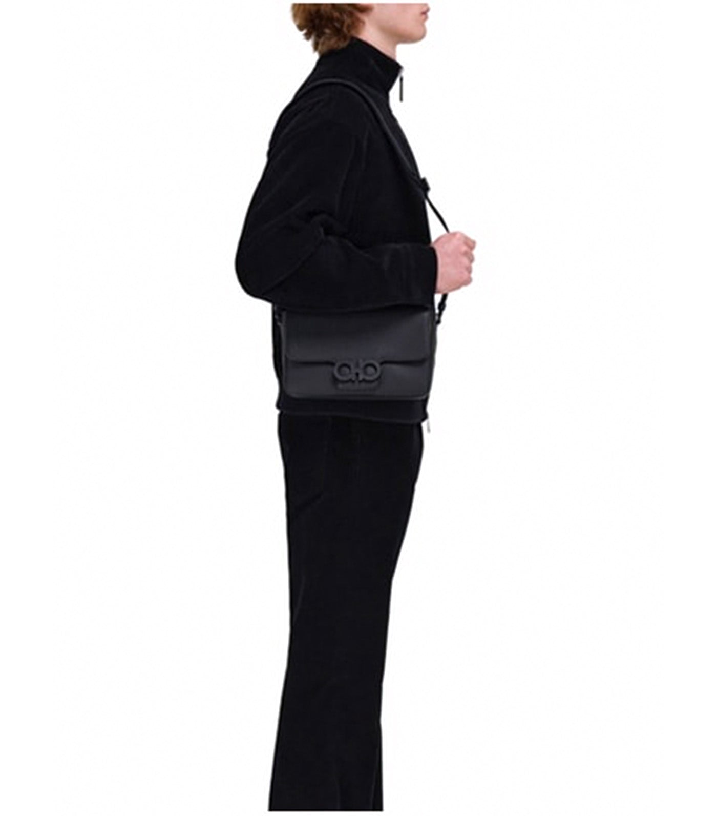Double Gancini Messenger Bag Hammered Calfskin Black