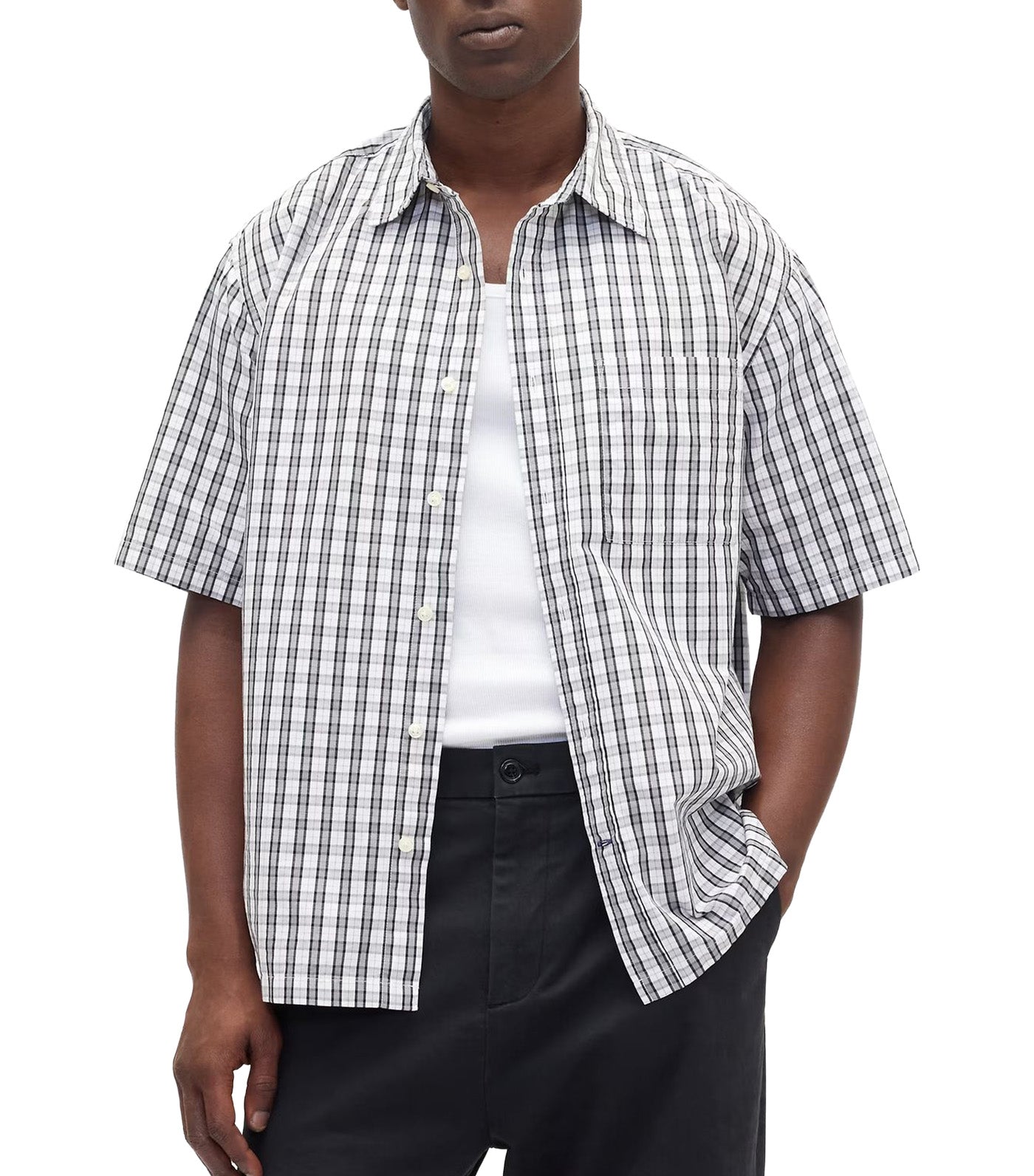 GAP Poplin Shirt in Boxy Fit Gray Plaid