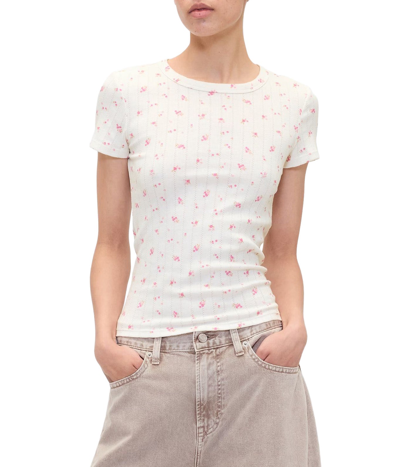 Ribbed Print Pointelle Crewneck T-Shirt
