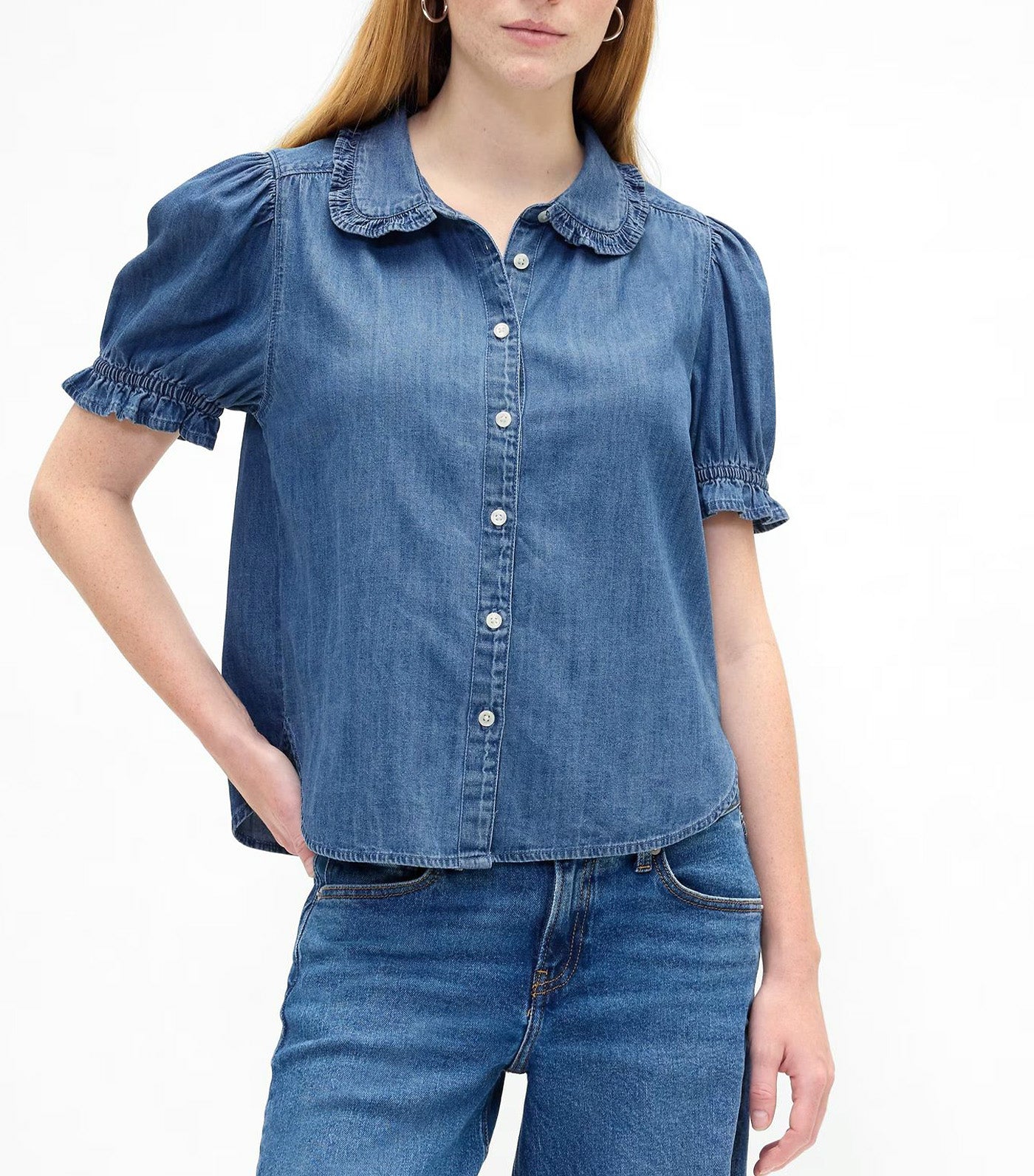 Relaxed Denim Puff Sleeve Top Light Wash