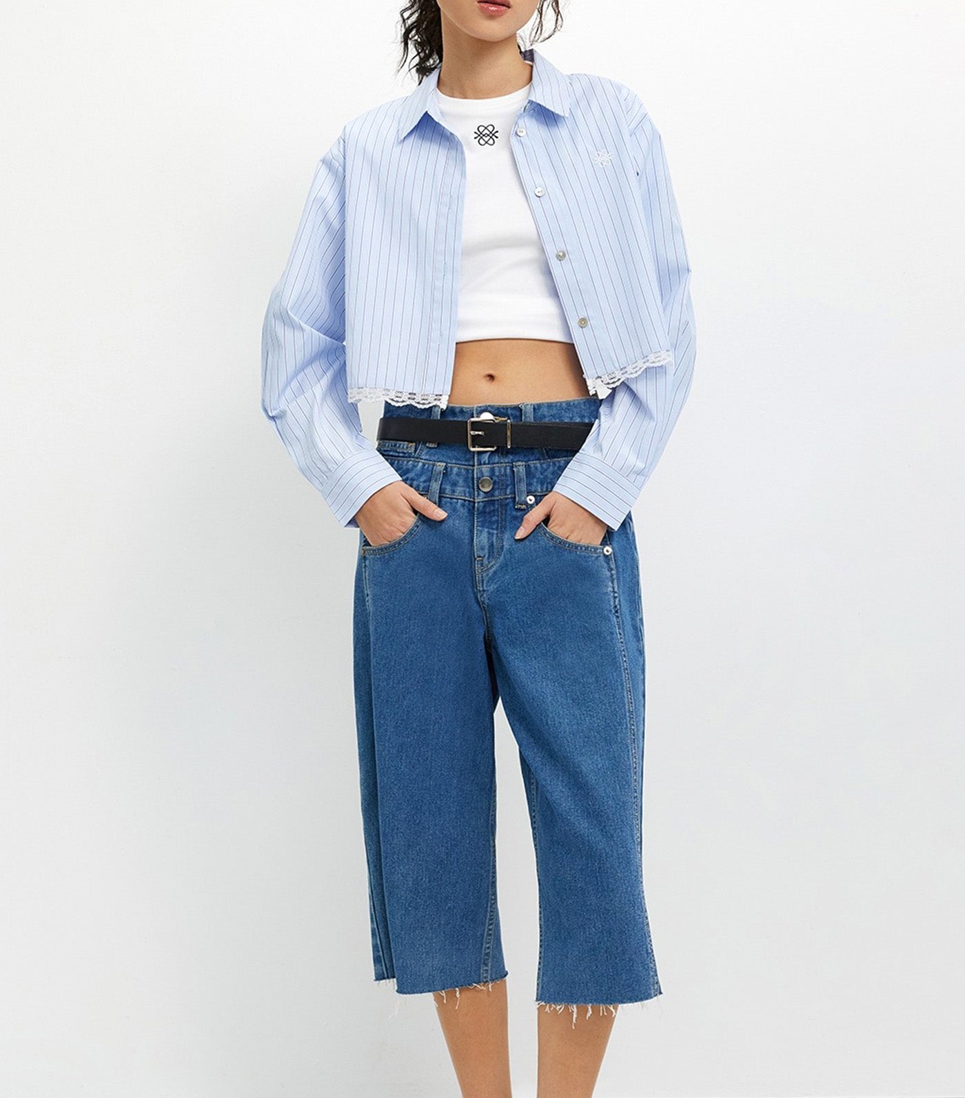 Striped Lace Trim Shirt Light Blue