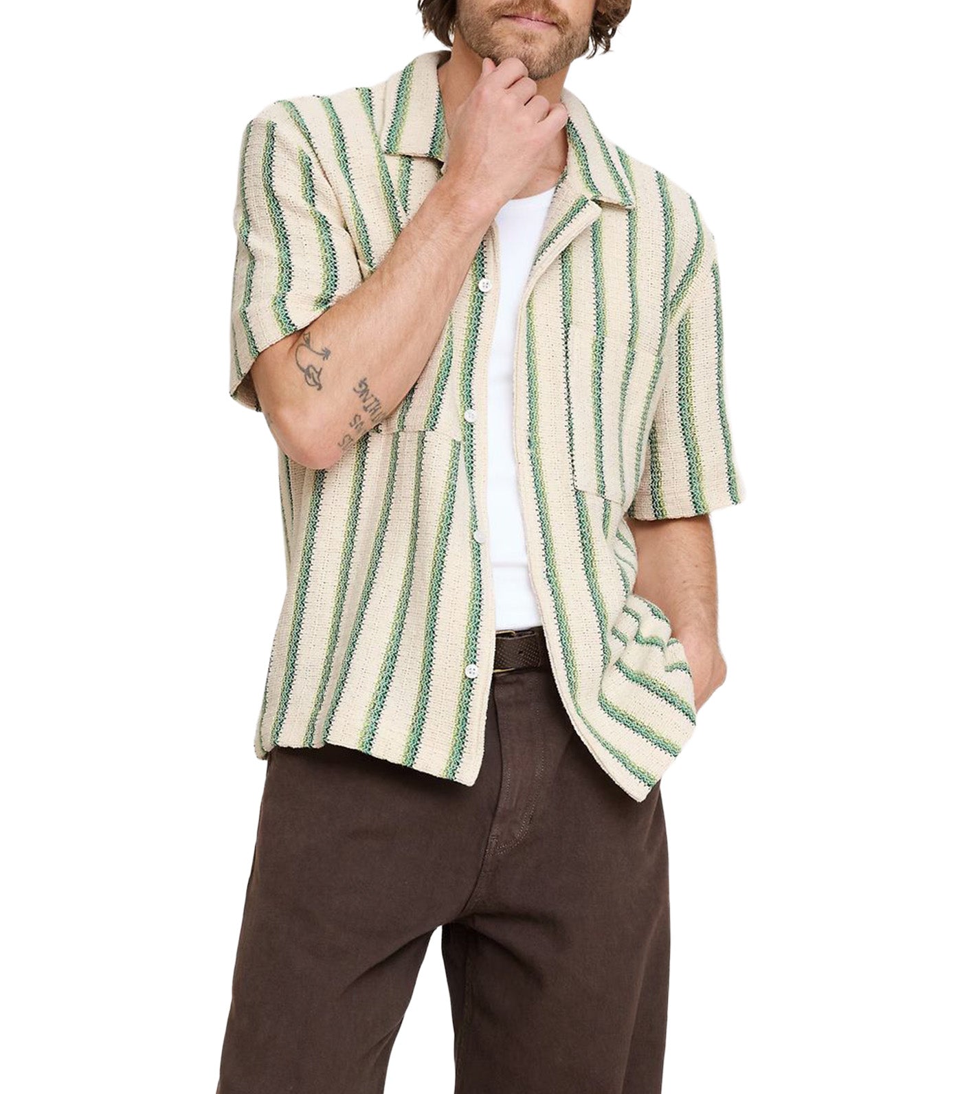 Banana Republic Stripe Knit Resort Shirt Green Stripe