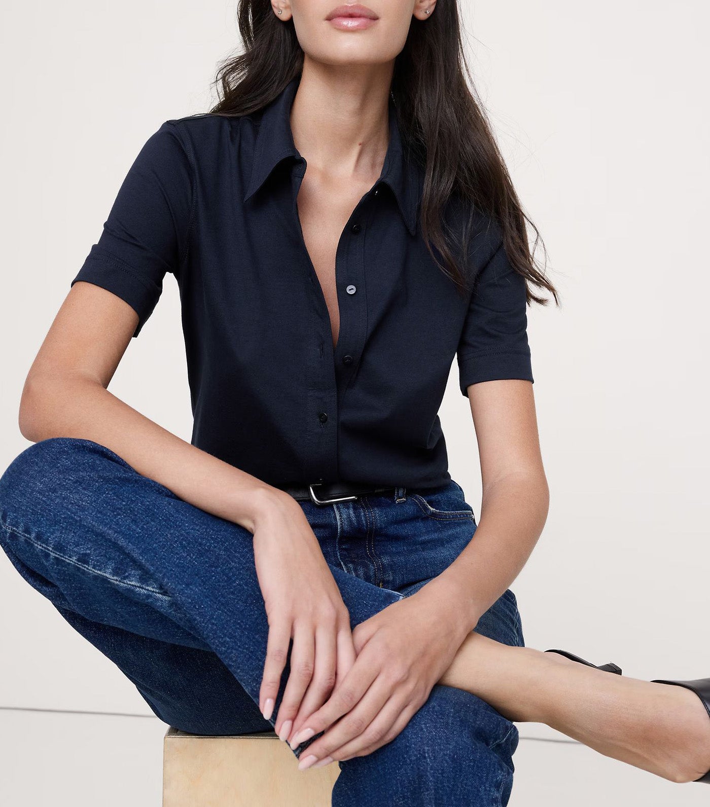 Silky Cotton Short-Sleeve Button-Down Top