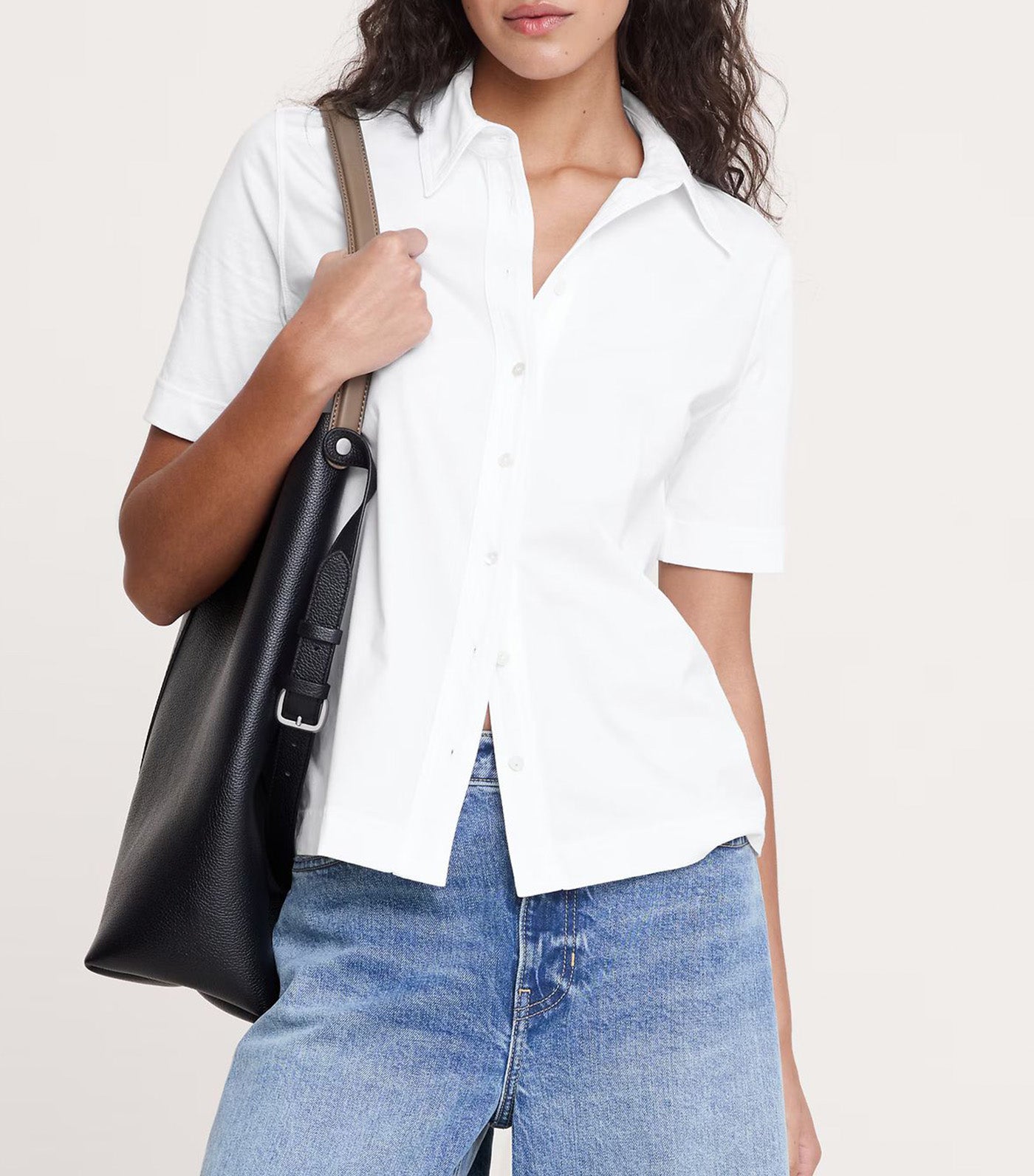 Silky Cotton Short-Sleeve Button-Down Top