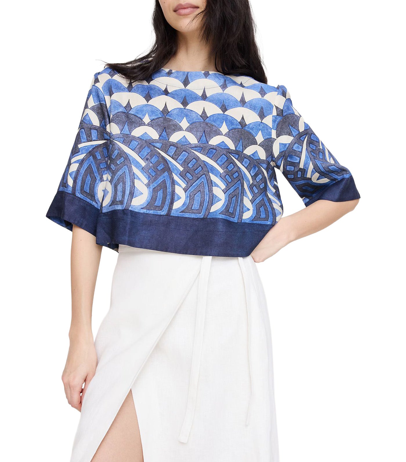 Viscose-Linen Boat-Neck Cropped Top Blue Geo