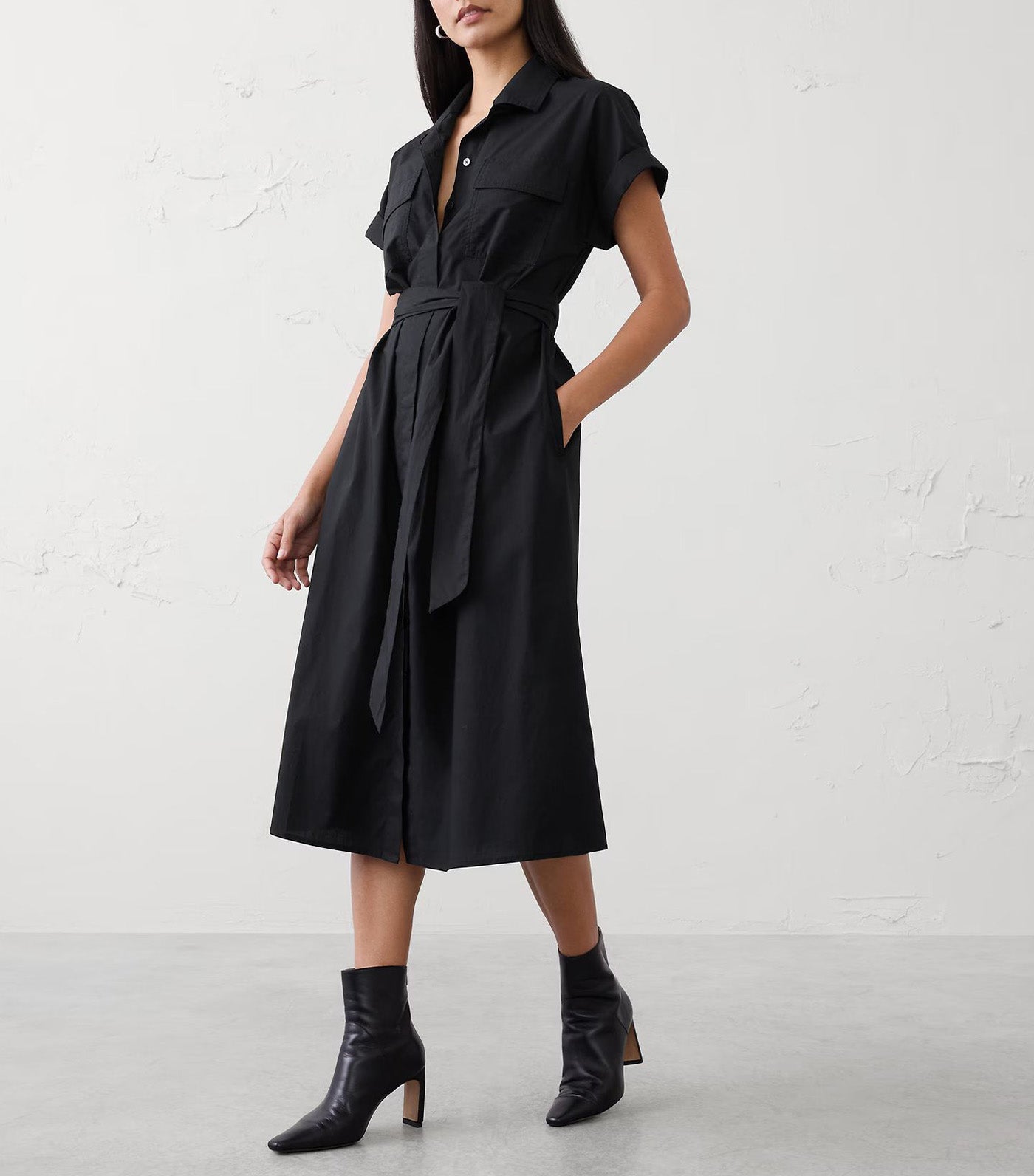 Poplin Utility Midi Shirtdress Black