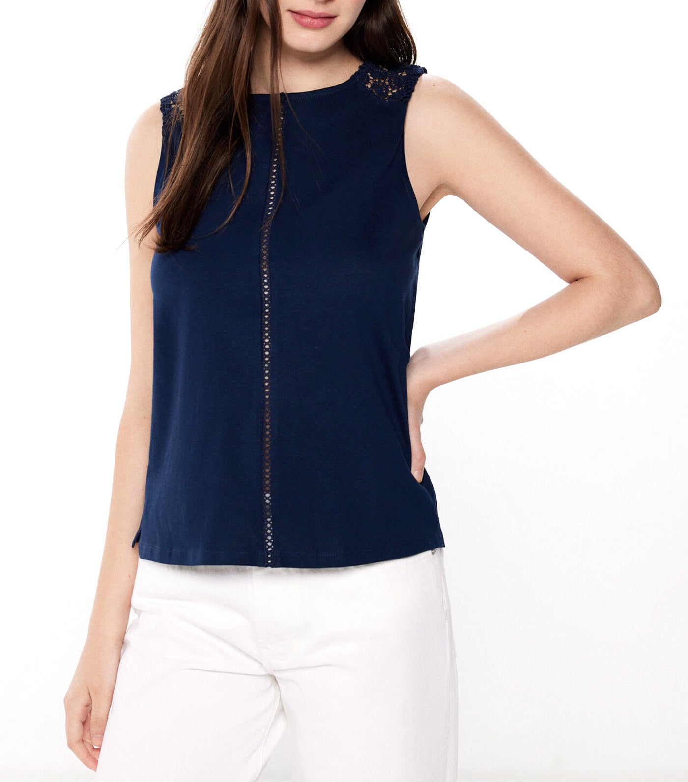 Crochet Flower Shoulder T-Shirt Blue