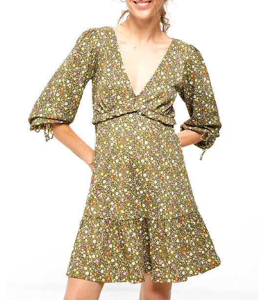 Short Ruffle Printed Dress Khaki