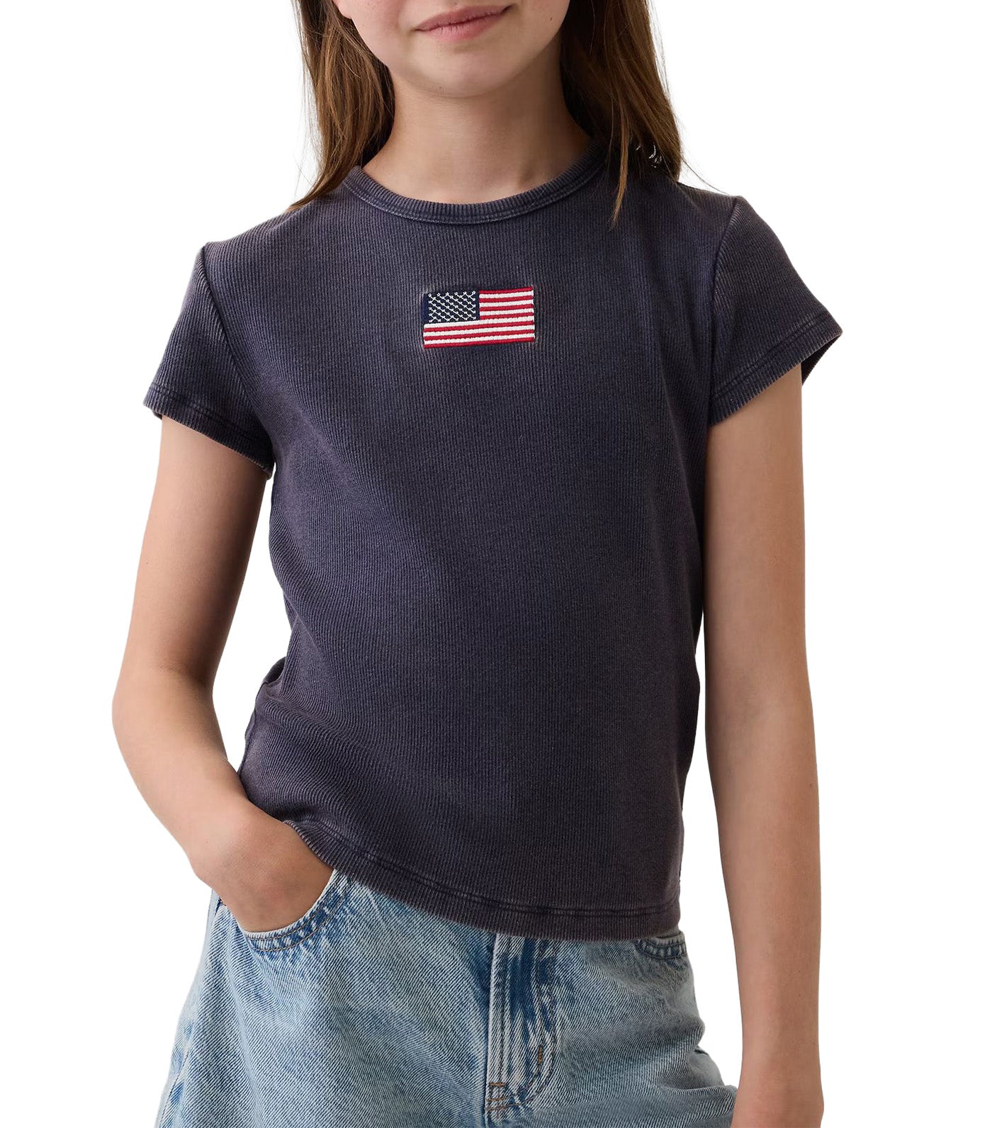 Kids Embroidered Rib T-Shirt Navy