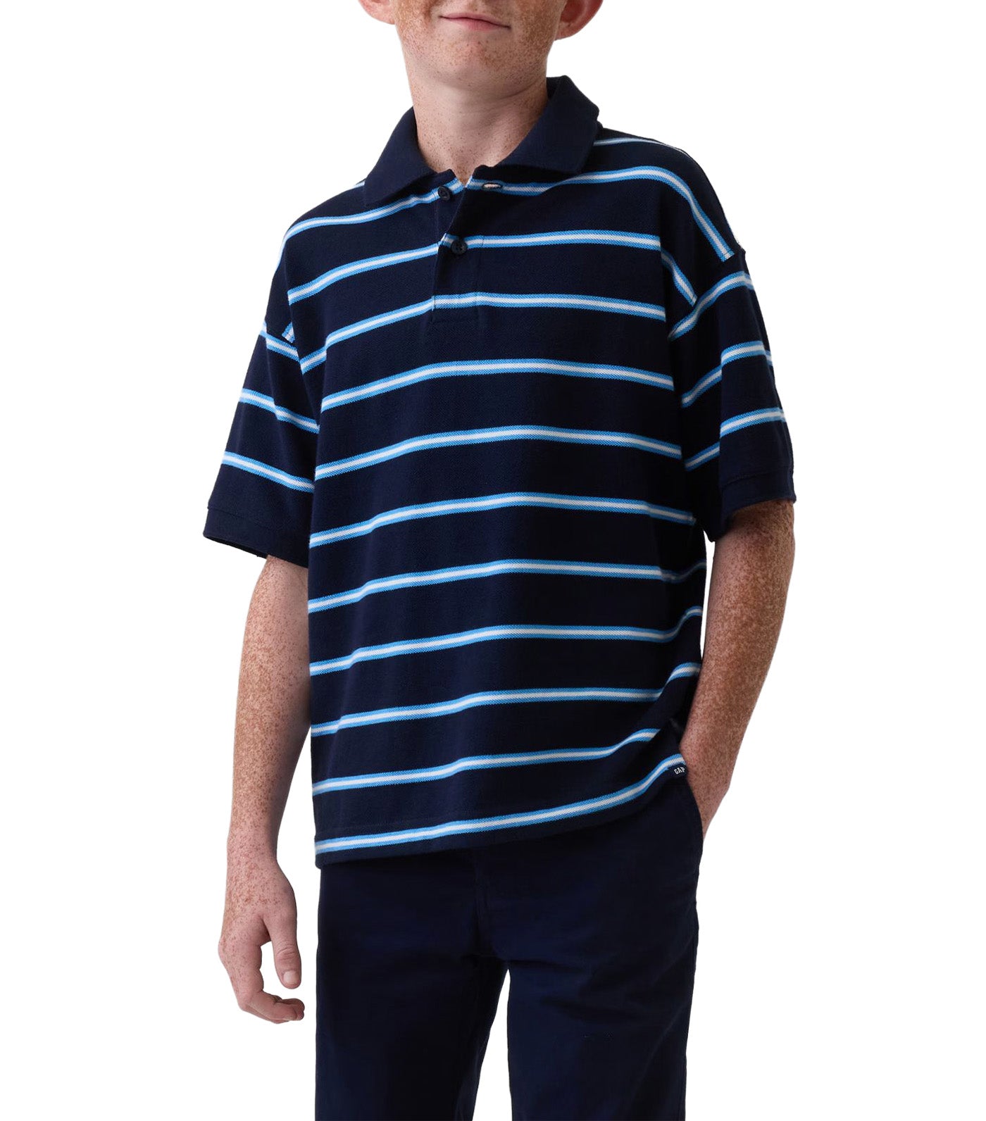 Relaxed Pique Polo Shirt Navy Stripe
