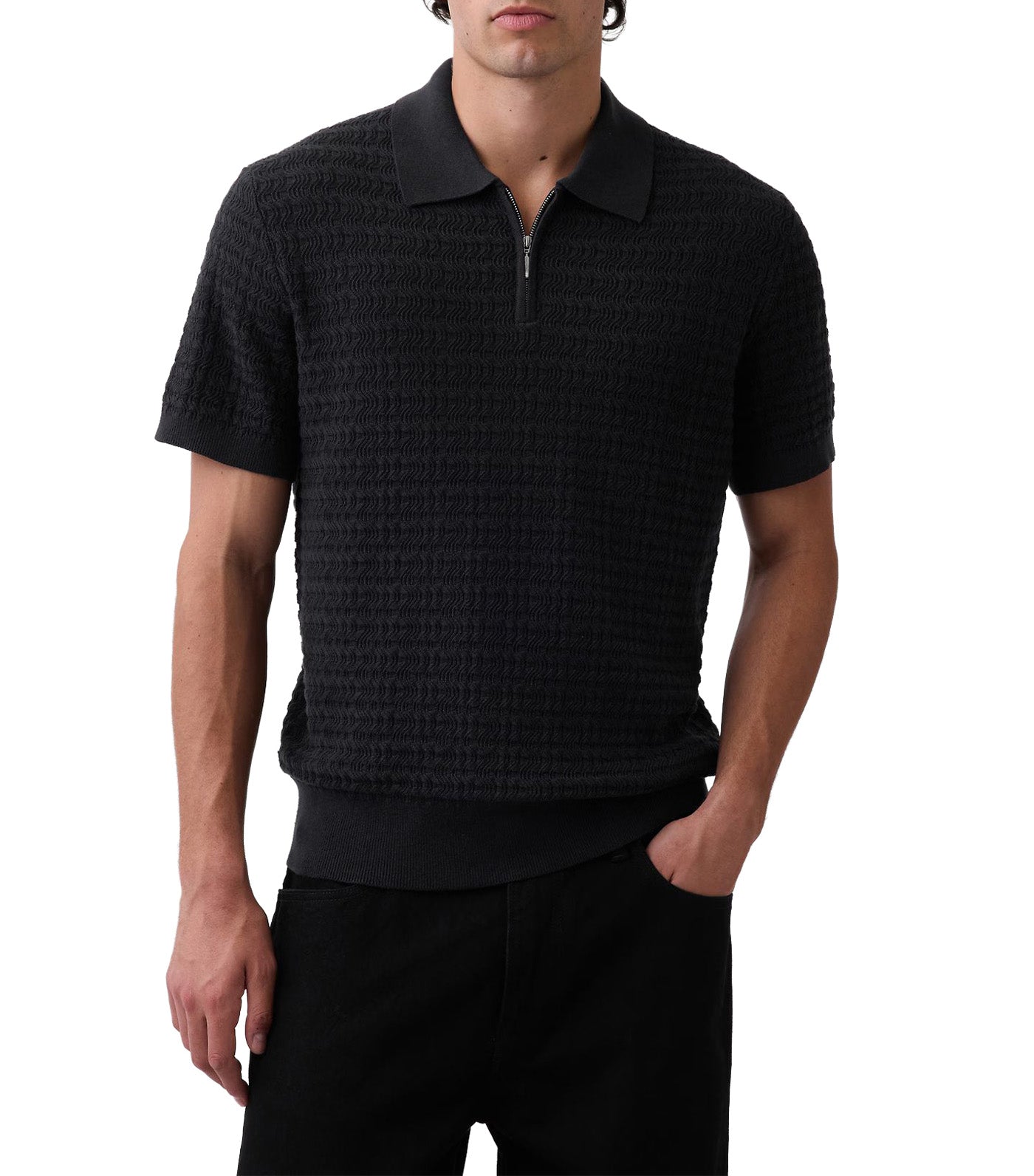 Textured Zip Polo Sweater Shirt Black