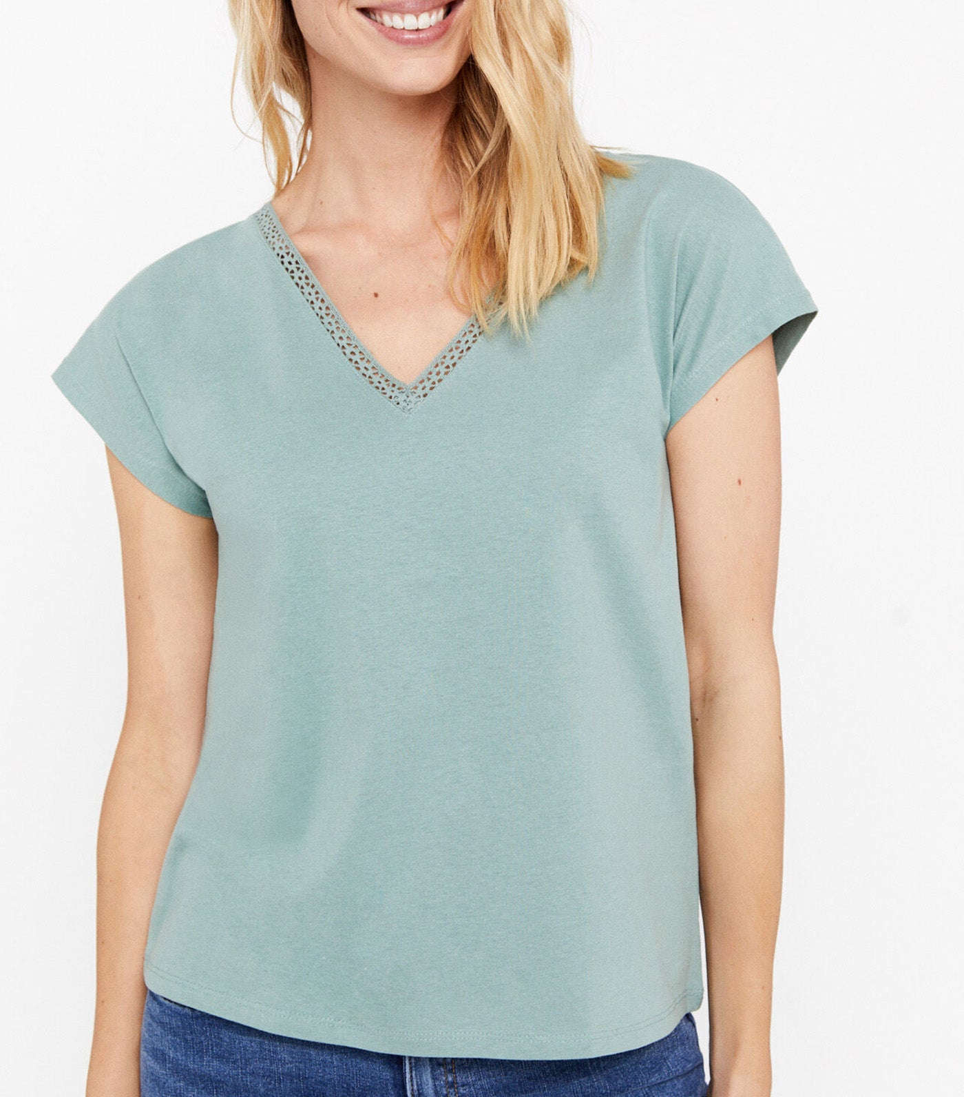V-Neck T-Shirt with Lace Detail Green