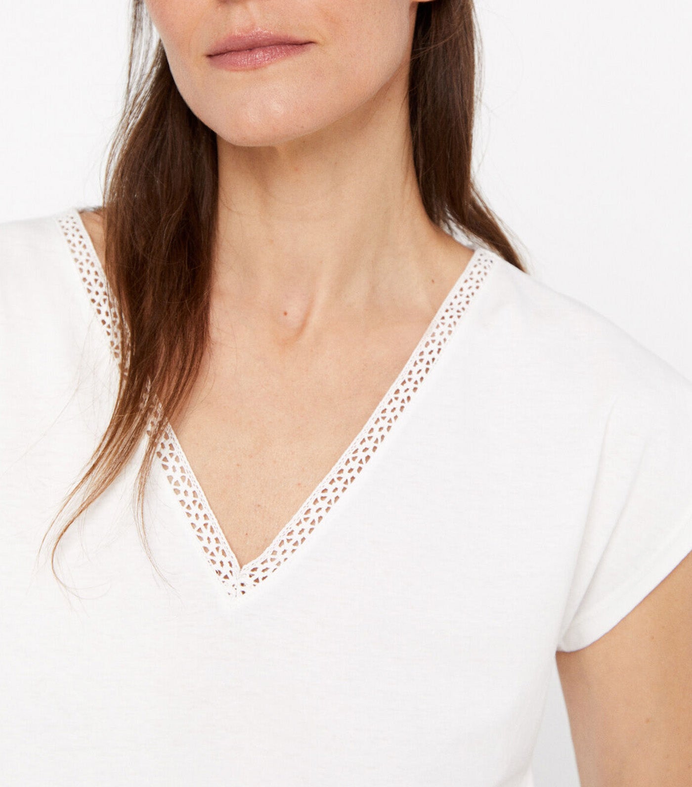 V-Neck T-Shirt with Lace Detail White