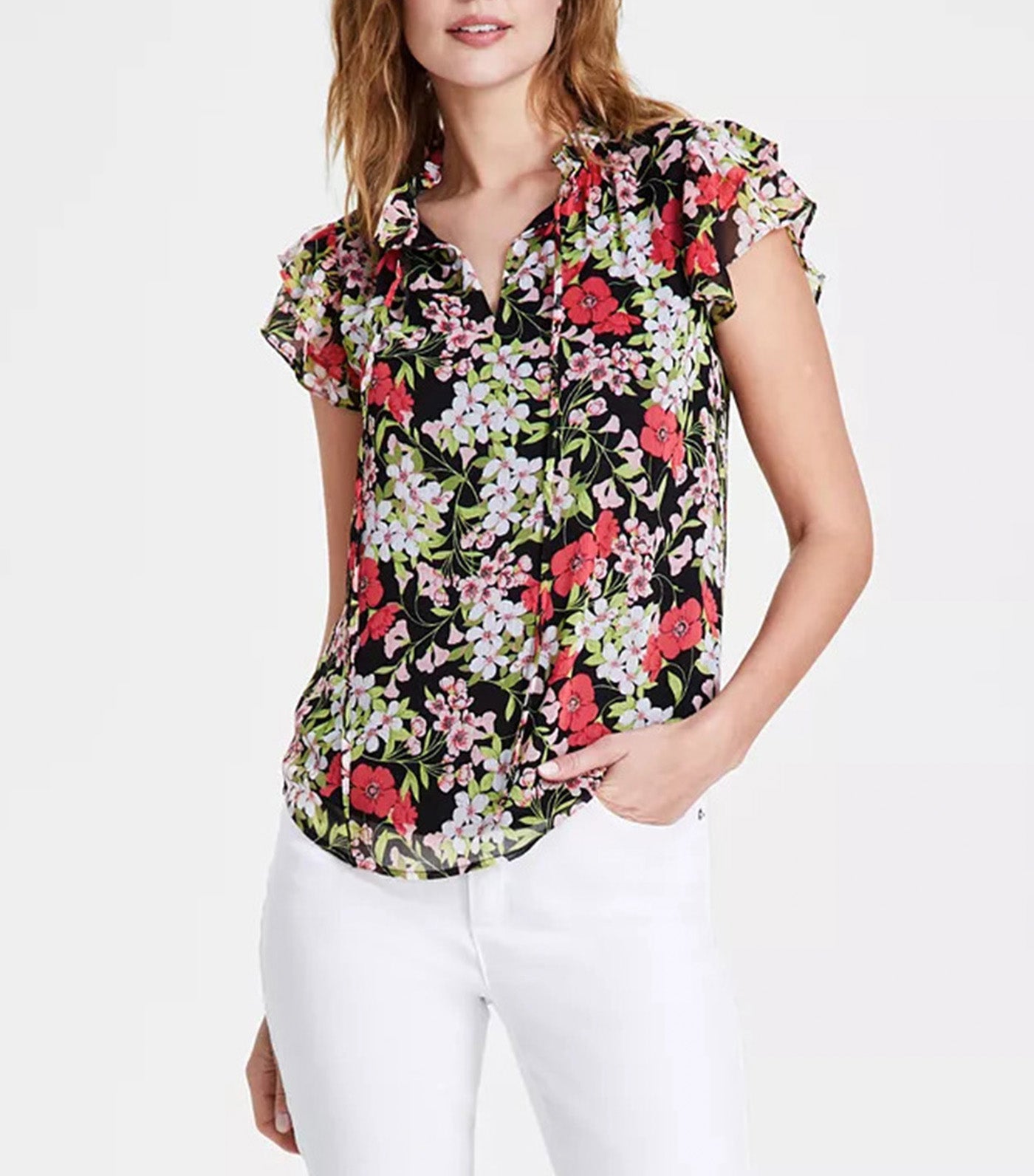 売れ筋商品|||アンクライン カットソー トップス レディース Women's Ruffle-Sleeve Tie-Neck Blouse Anne Black Multi Anne Klein Ruffle-Sleeve Tie-Neck Blouse Anne Black/Red Pear