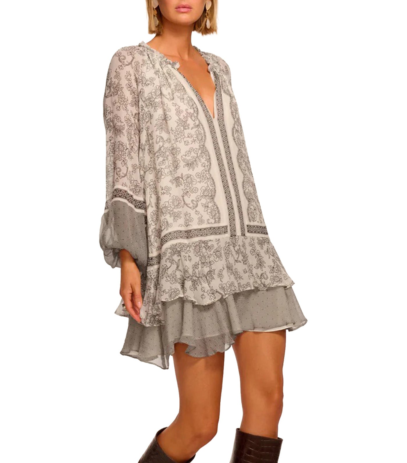 Josefine Printed Silk Long Sleeve Mini Dress Bone/Black Floral