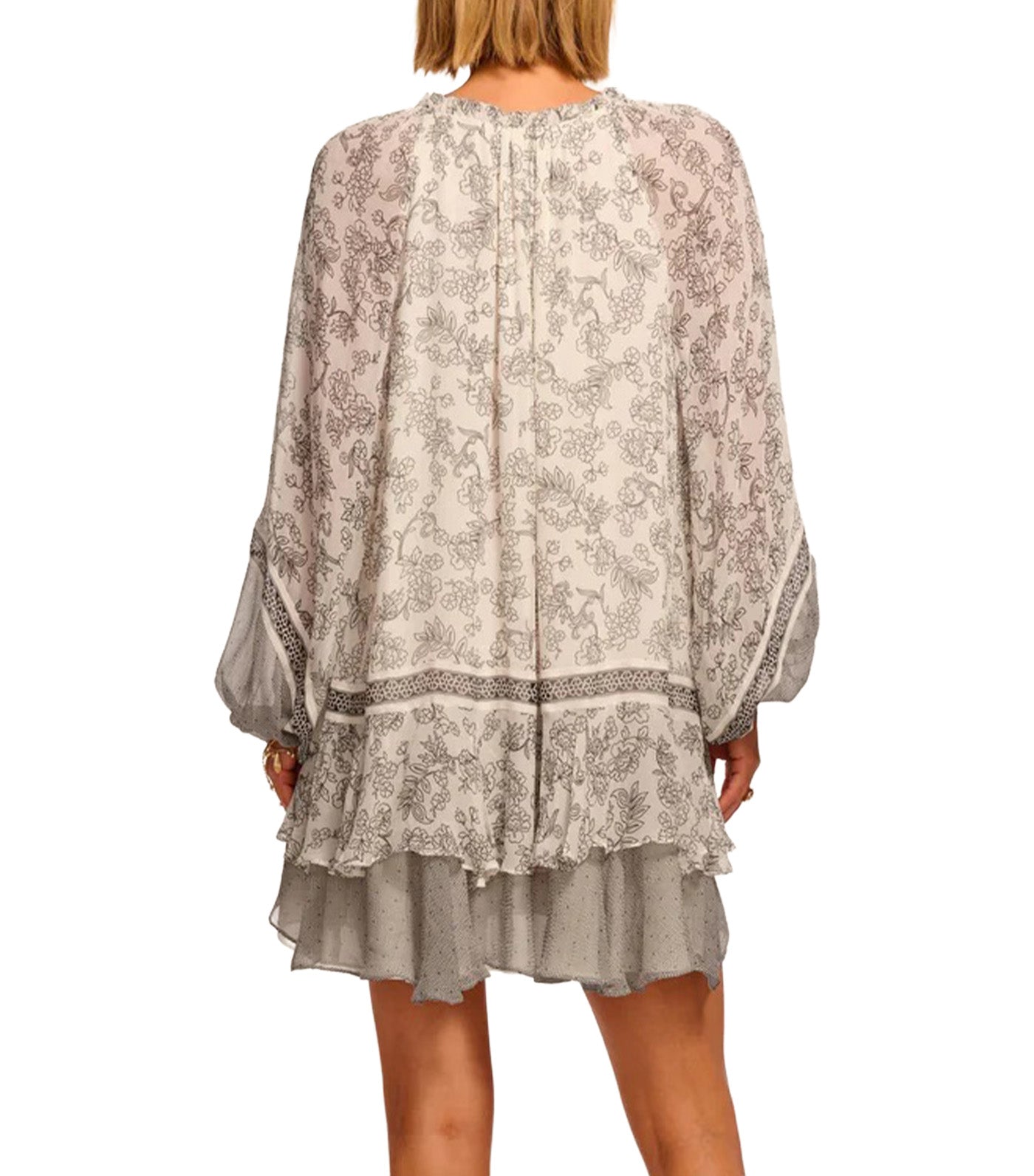 Josefine Printed Silk Long Sleeve Mini Dress Bone/Black Floral