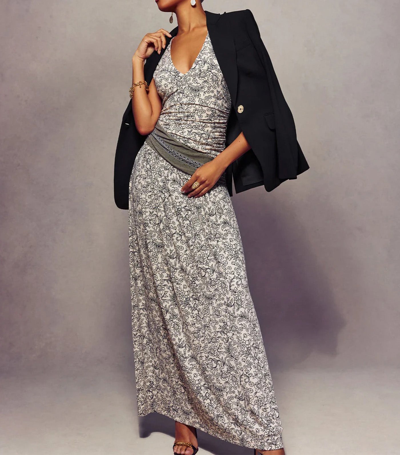 Jamie Jersey Ruched V-Neck Maxi Dress Bone/Black Floral