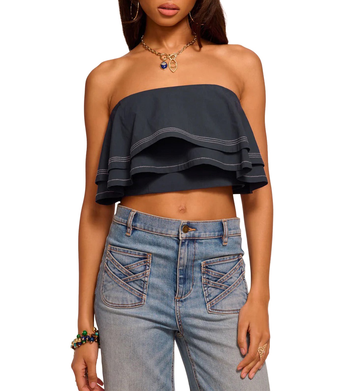 Ramy Brook Poppy Cotton Poplin Tiered Crop Top Navy 