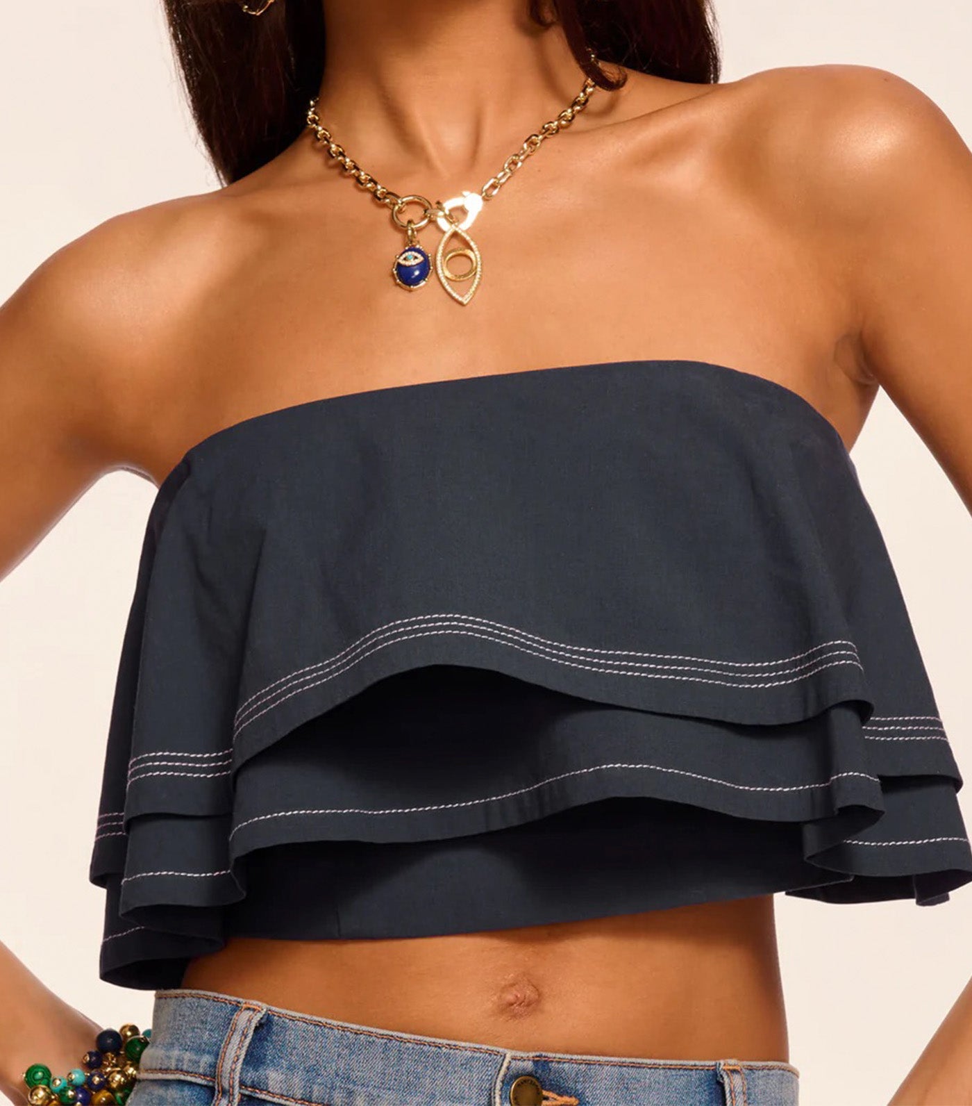 Ramy Brook Poppy Cotton Poplin Tiered Crop Top Navy 