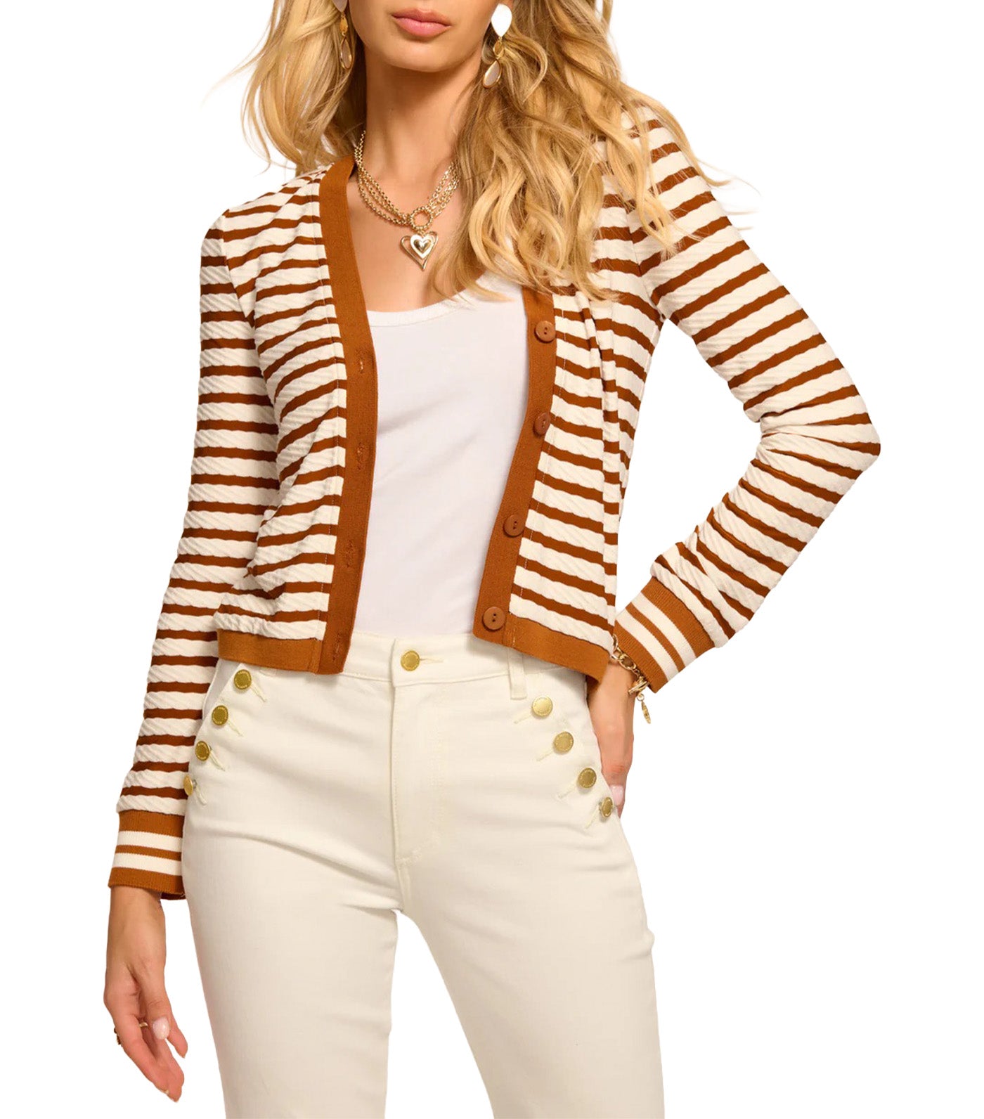 Ramy Brook Raven Textured Stripe Button Front Cardigan Coffee Stripe