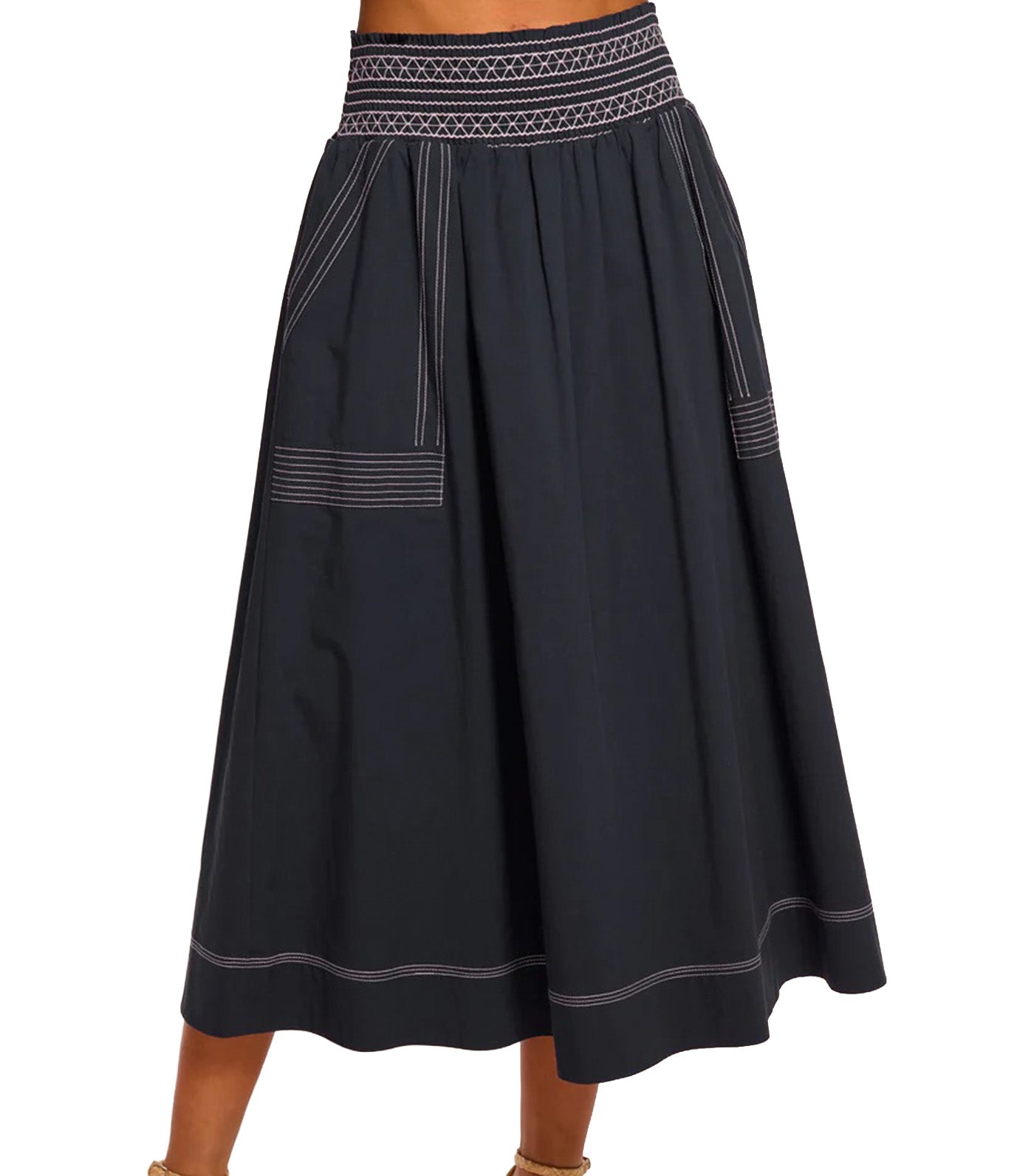 Galia Cotton Poplin Smocked Maxi Skirt Navy