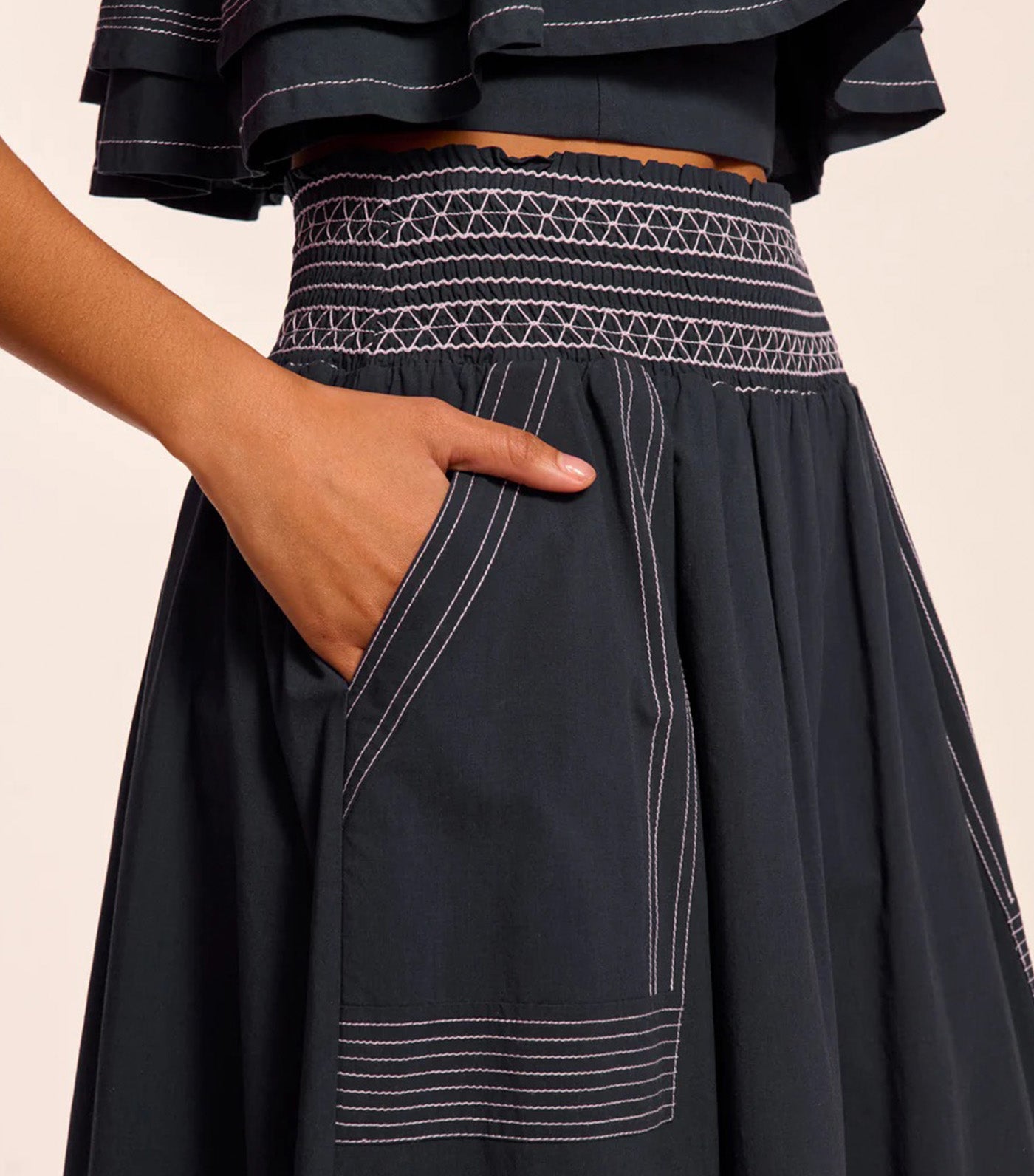 Galia Cotton Poplin Smocked Maxi Skirt Navy