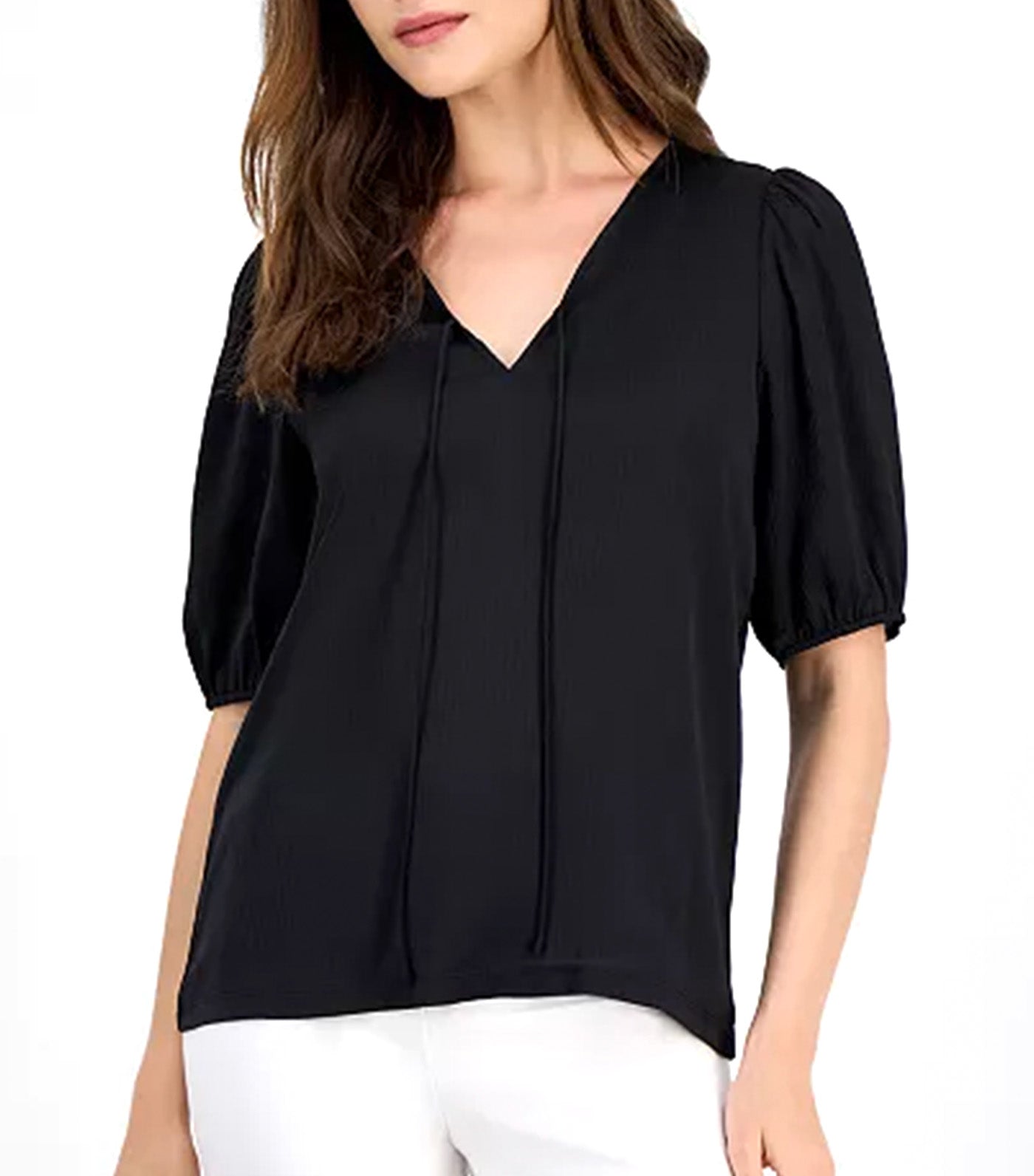 Women's Puff-Sleeve V-Neck Tie-Front Top Black