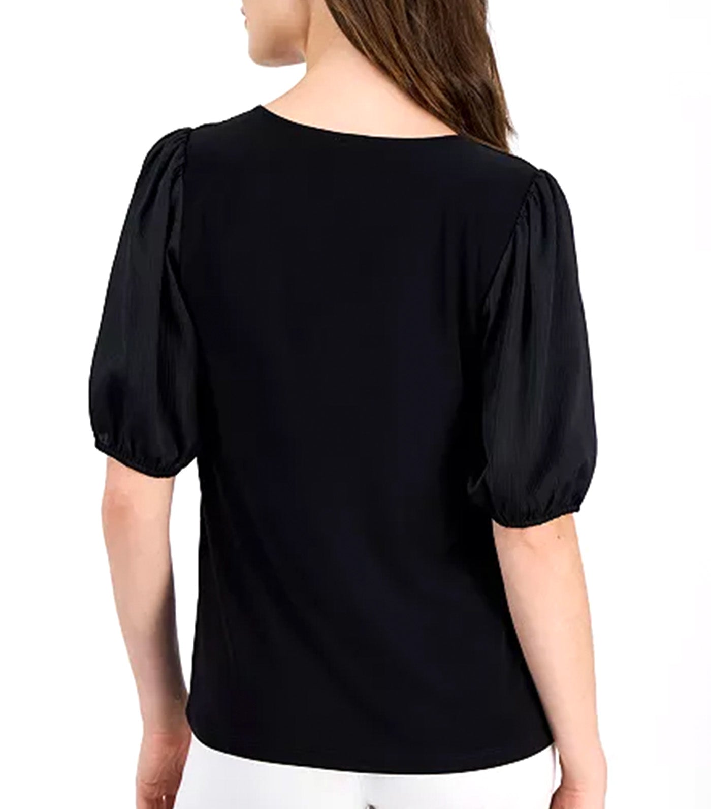 Women's Puff-Sleeve V-Neck Tie-Front Top Black