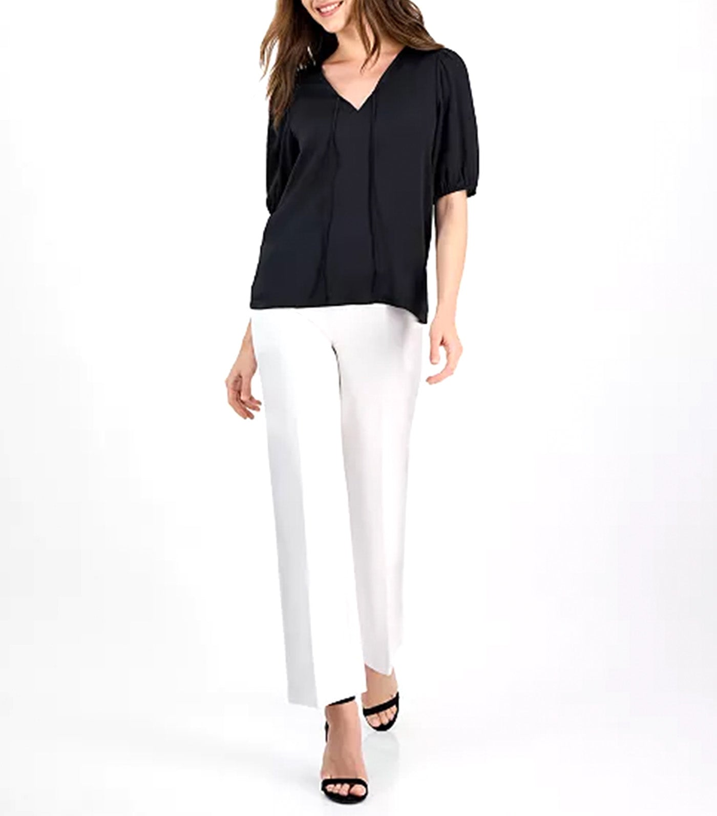 Women's Puff-Sleeve V-Neck Tie-Front Top Black