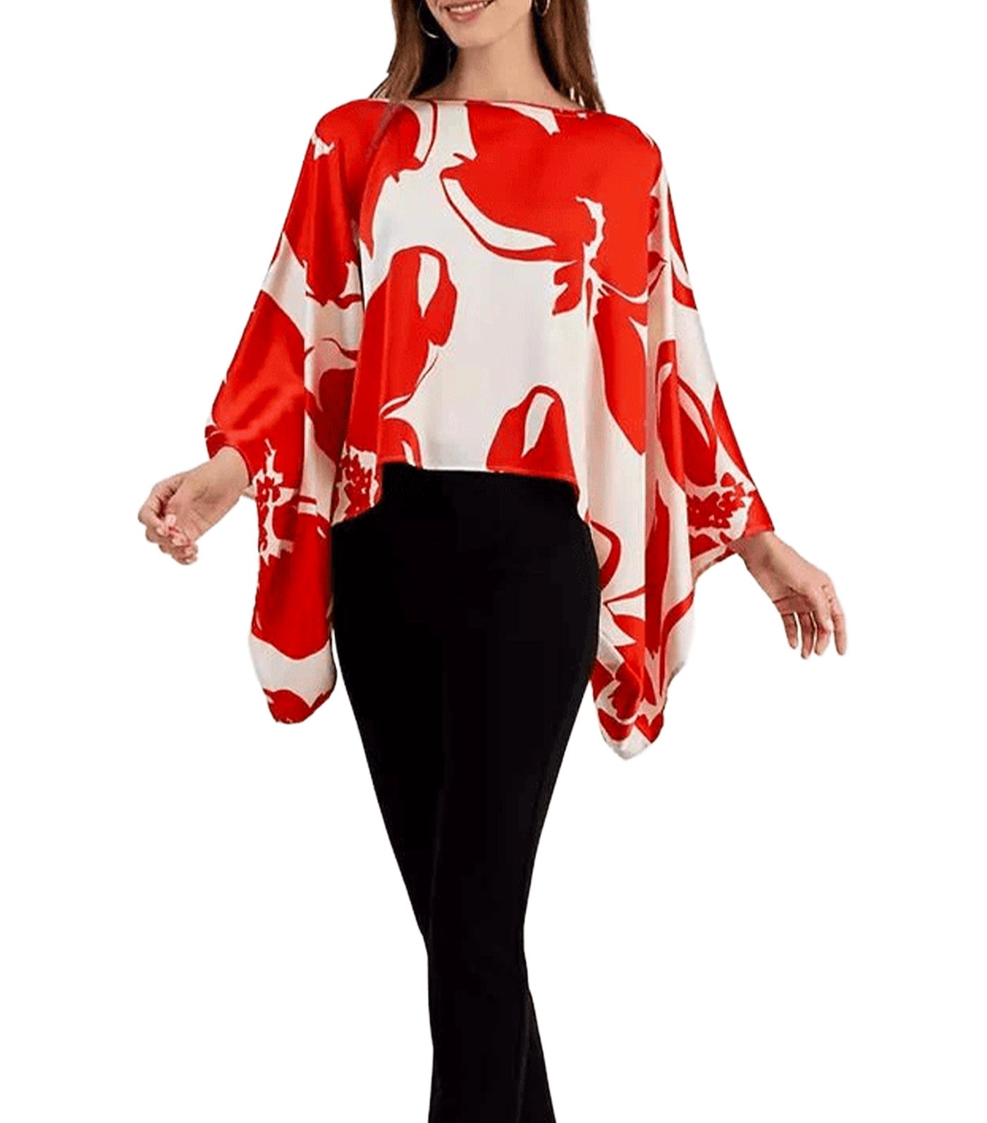 Women's Printed Dolman-Sleeve Cape Blouse Red Multi