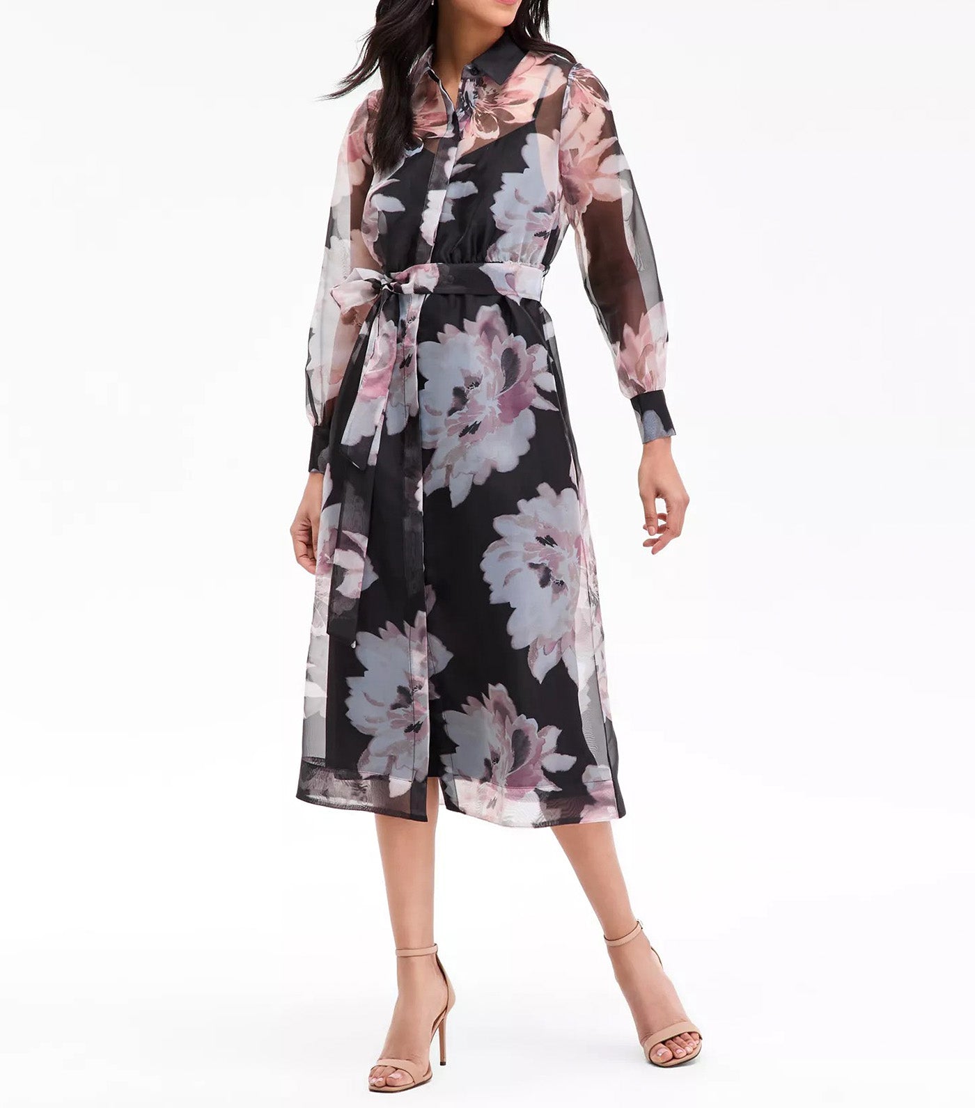 Anne Klein Women's Floral Organza Long-Sleeve Shirtdress Black Multi