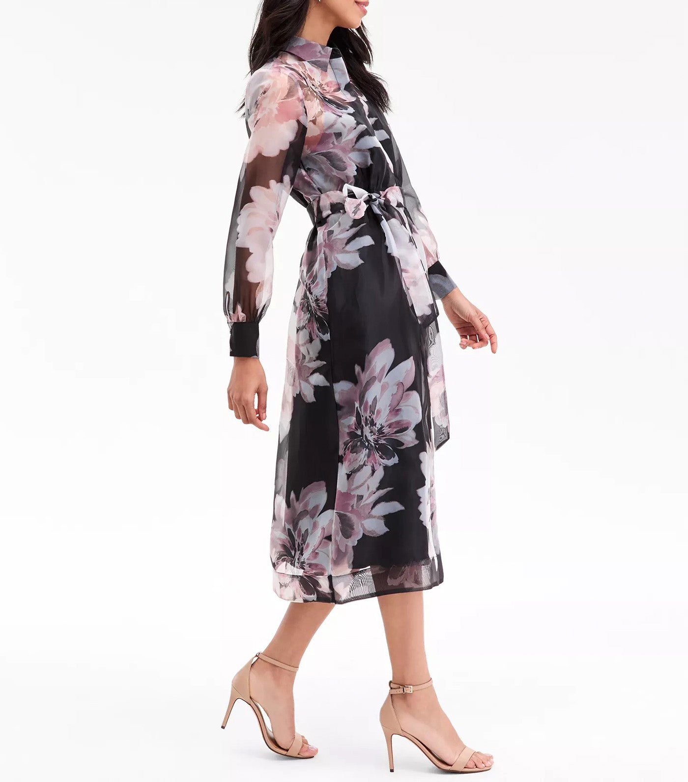 Anne Klein Women's Floral Organza Long-Sleeve Shirtdress Black Multi