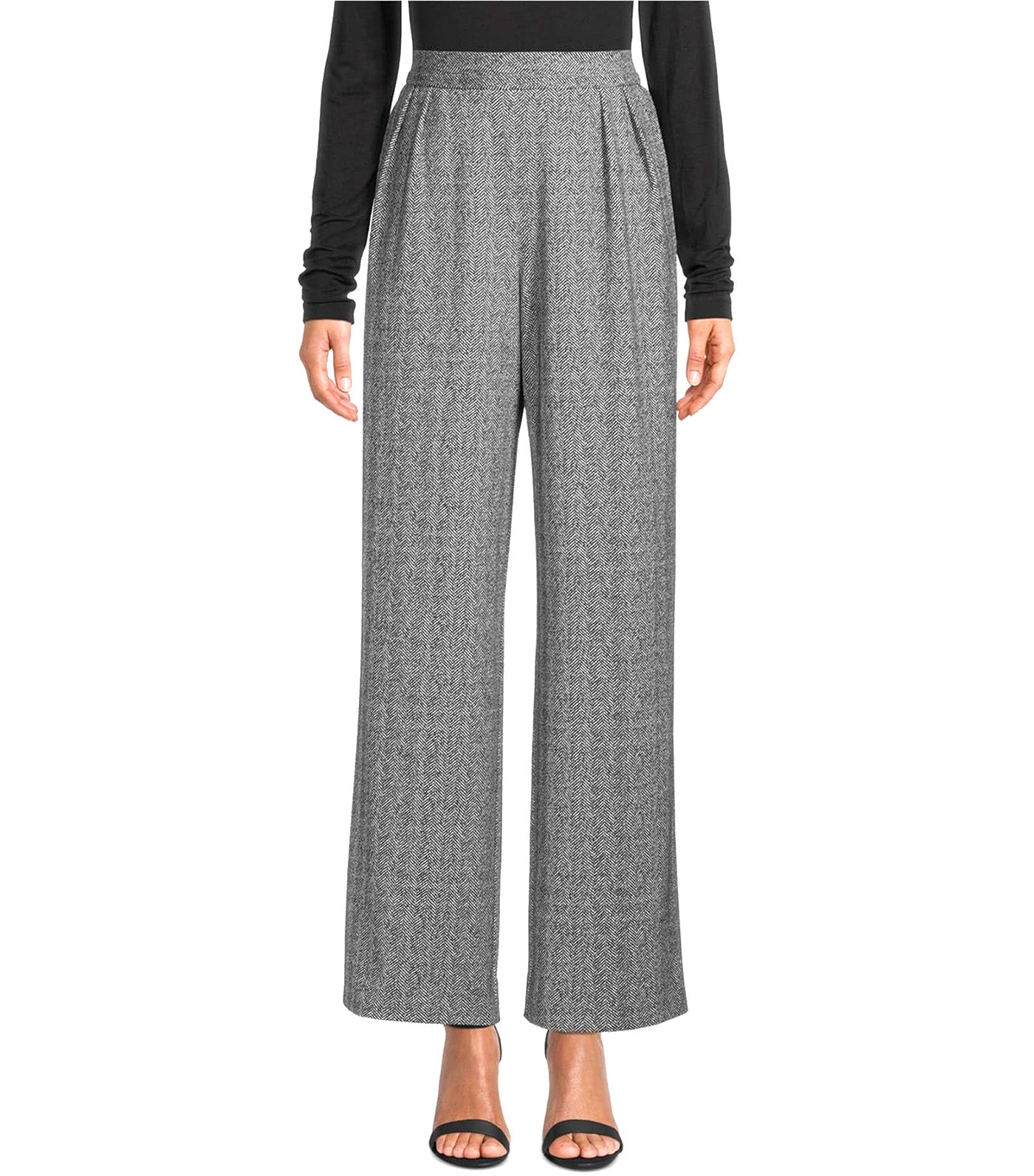 Anne Klein Herringbone Wide Leg Pleat Front Pant Black Multi