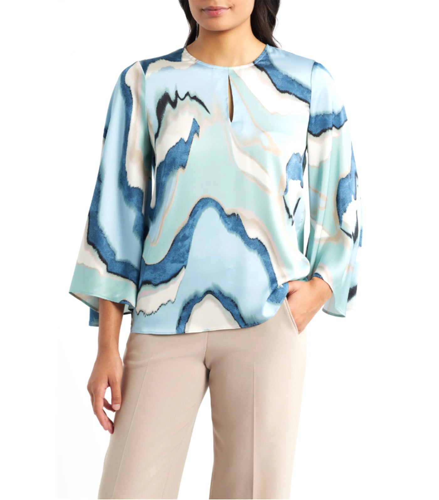 Anne Klein Abstract Print Keyhole Front Angel Sleeve Top Blue Multi 