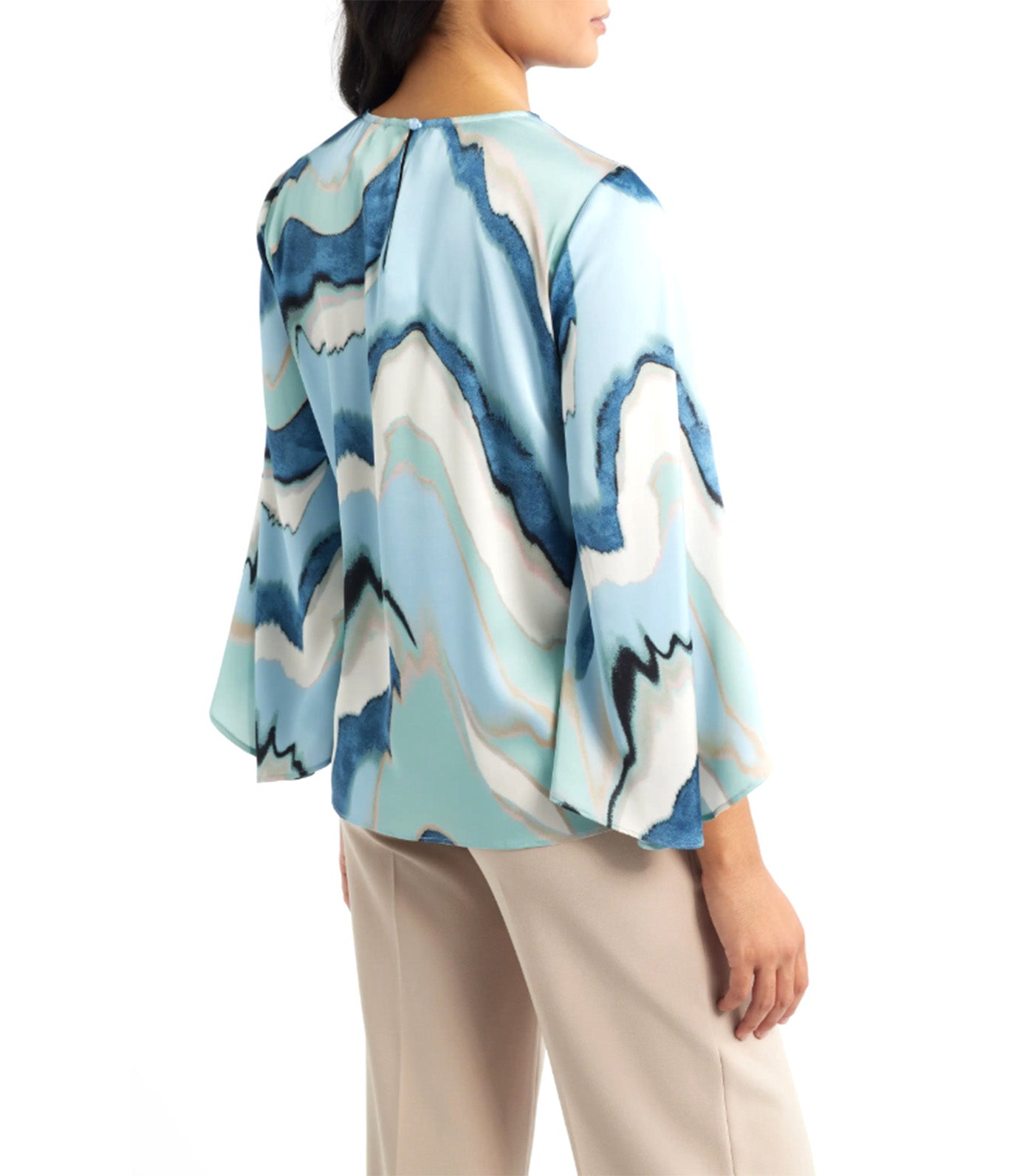 Anne Klein Abstract Print Keyhole Front Angel Sleeve Top Blue Multi 