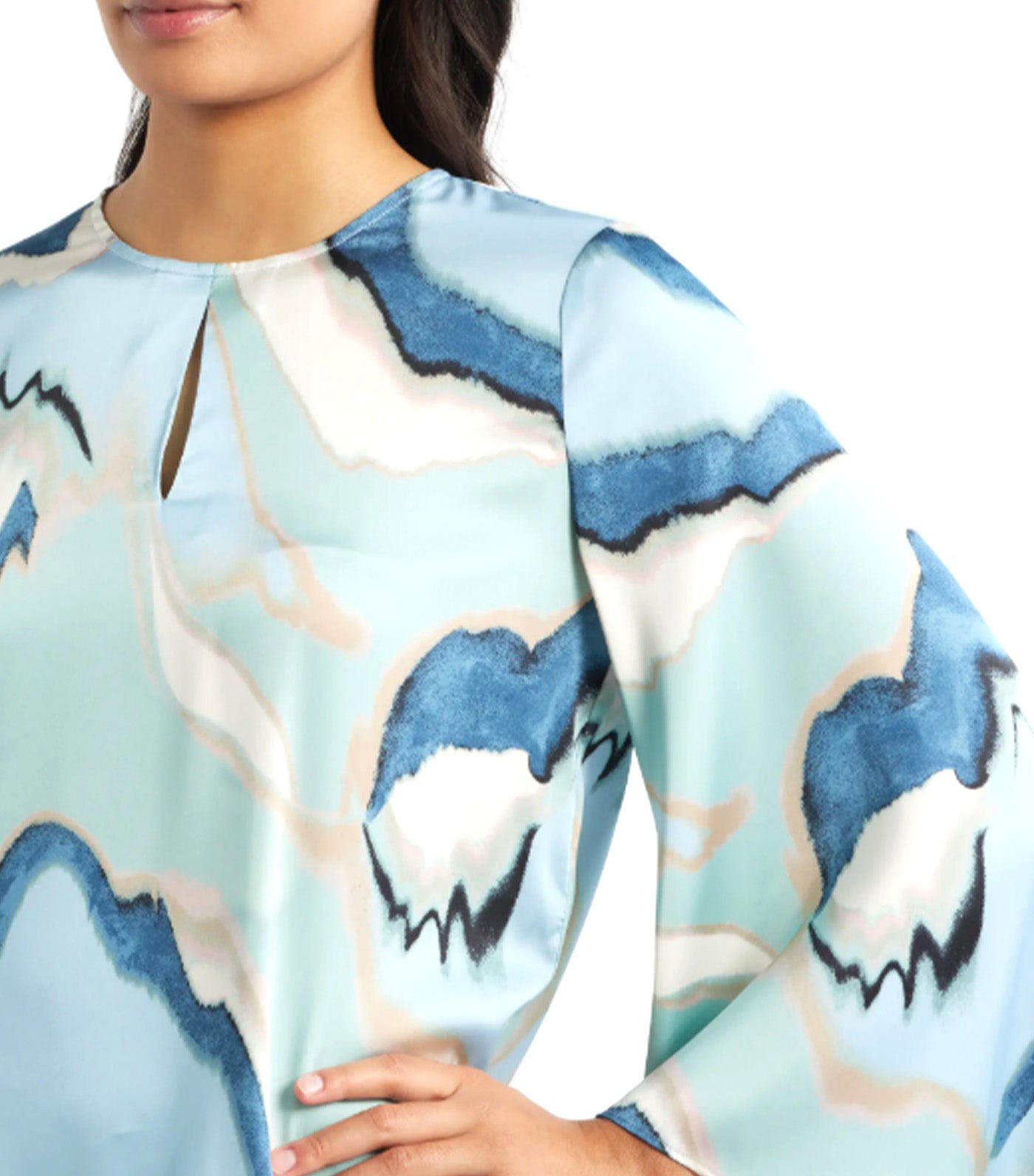 Anne Klein Abstract Print Keyhole Front Angel Sleeve Top Blue Multi 