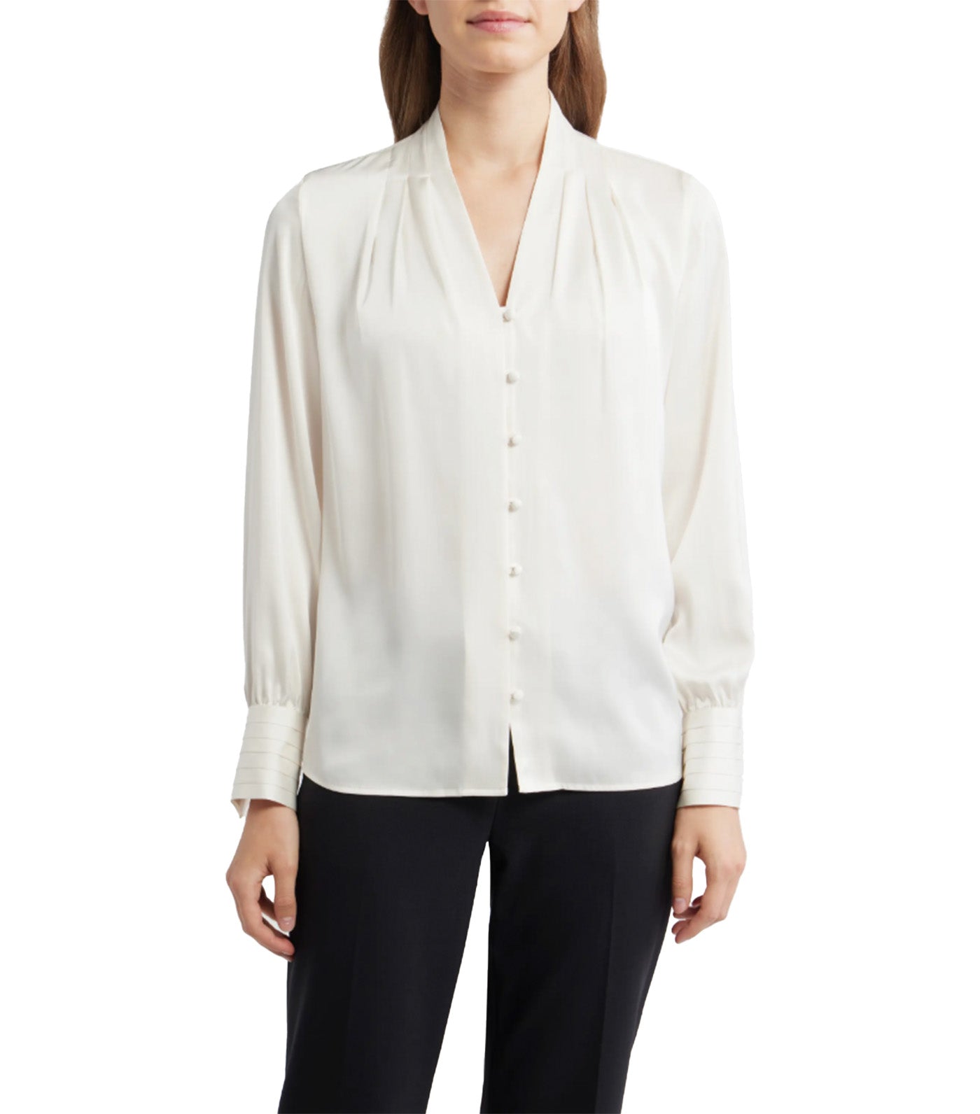 Anne Klein Pleat Front V-Neck Button-Up Shirt White